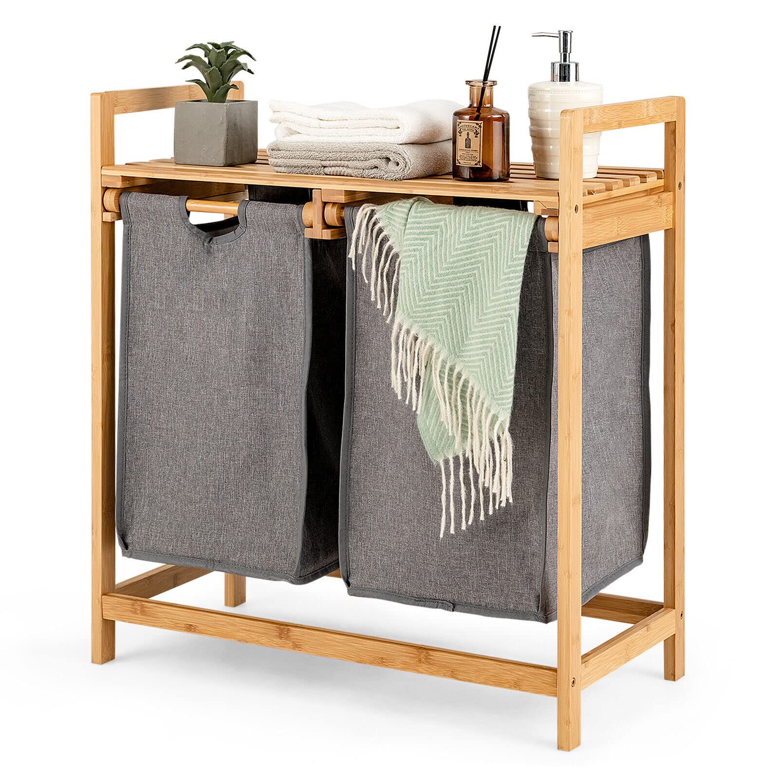 Giantex Bamboo Laundry Hamper with Dual Compartments, 2-Section Laundry ...