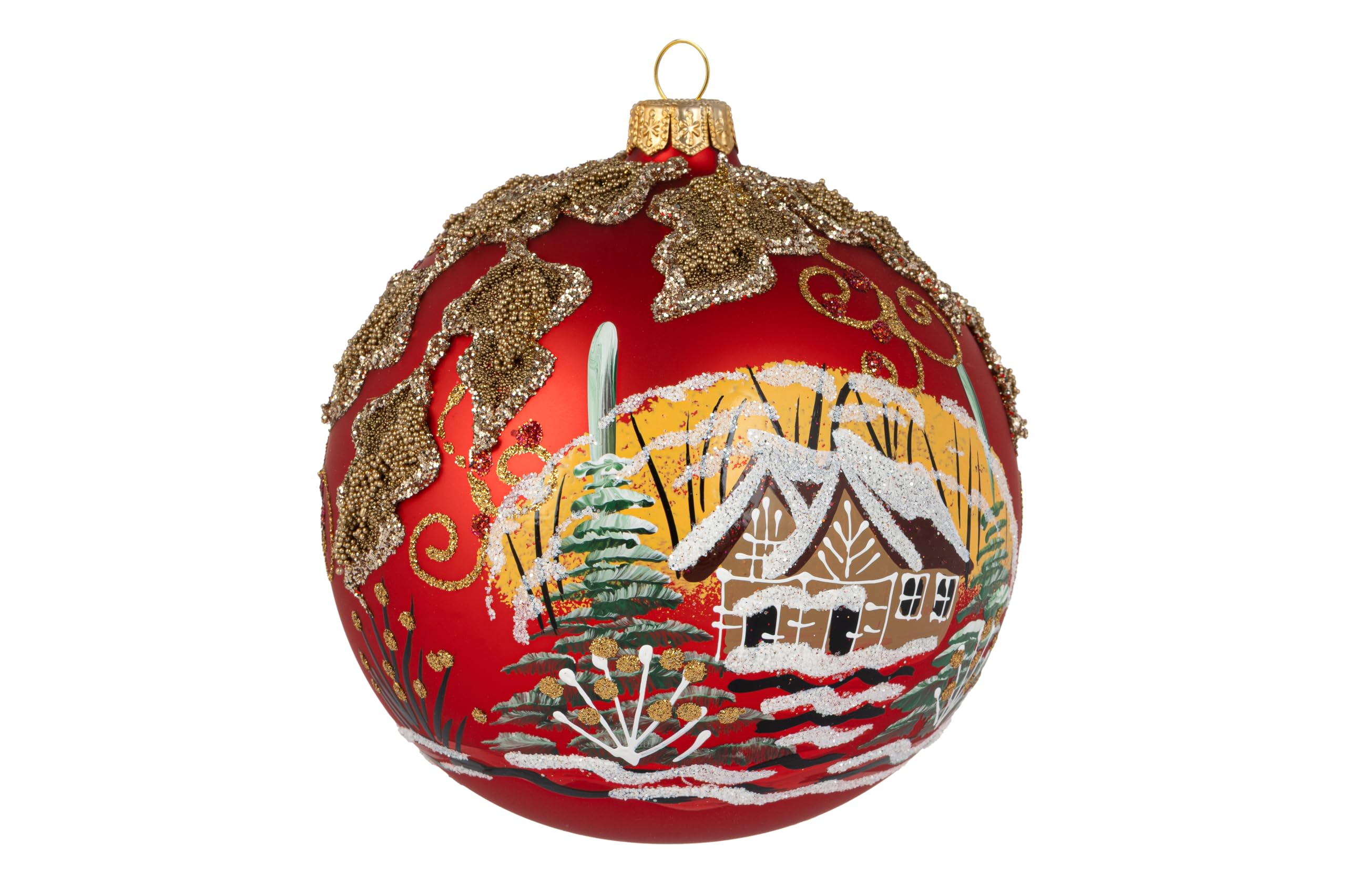 Bola de cristal soplado pintada a mano con diseño de Navidad, color rojo, tamaño mediano, 120 mm, hojas de muérdago