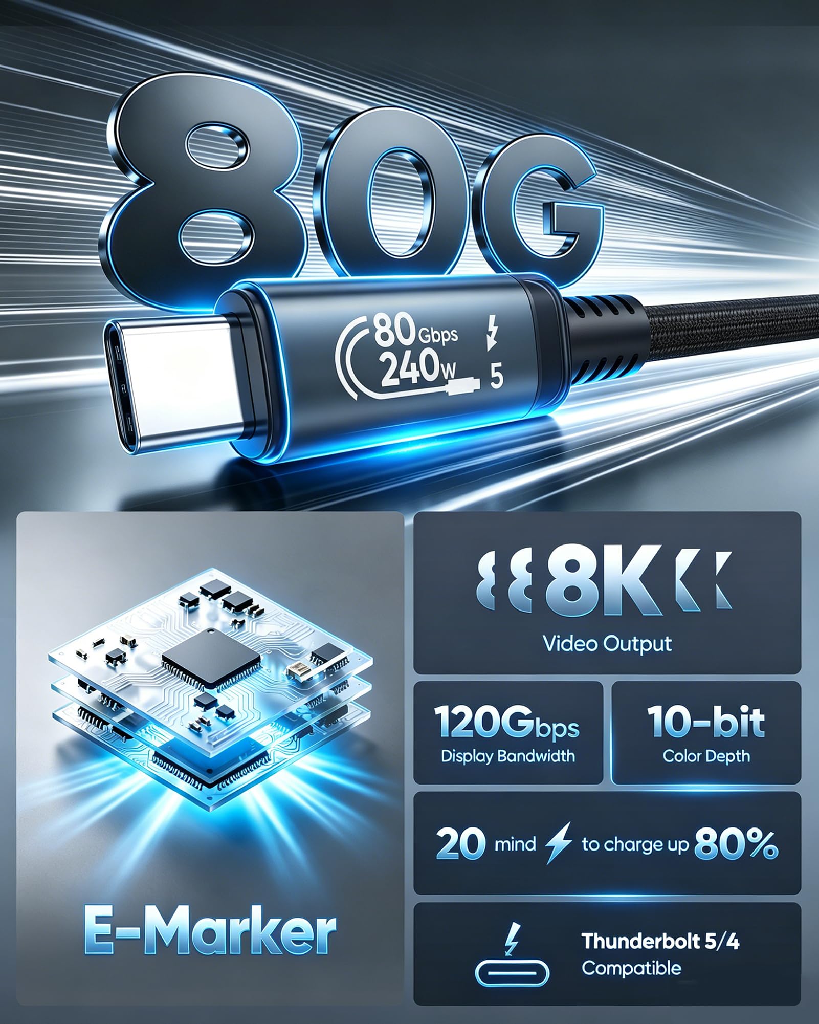 Cavo Thunderbolt 5 da 80 Gbps, cavo Thunderbolt 4/3 e USB 4/3.2, display video 8K, ricarica 240 W, cavo dati USB C ad alta velocità per MacBook, Mac mini, SSD, iPhone 17, Samsung S25
