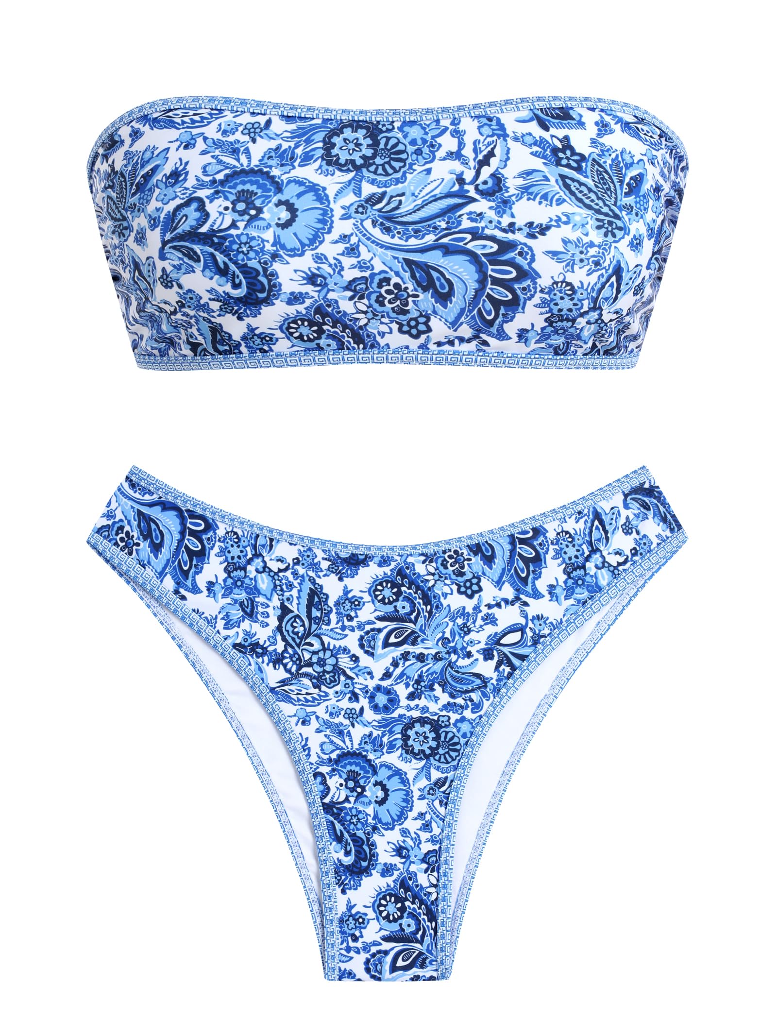 ZAFUL Women's High Cut Bandeau Bikini Set Strapless 2 Pieces Bathing Suit | Solid Color Swimsuit High-waisted Bikini Set