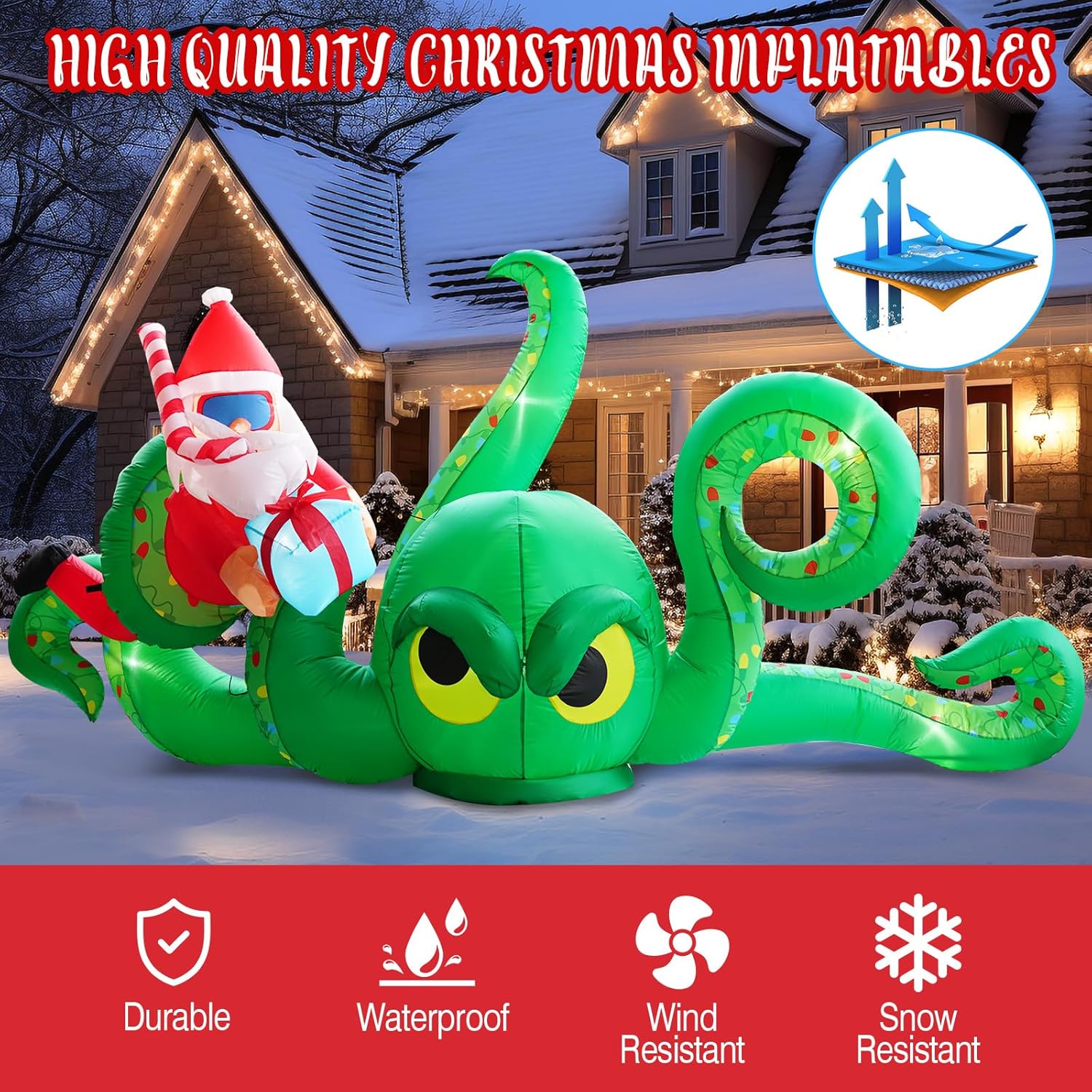 12FT Christmas Inflatables Green Octopus with Santa and Gift Box, Christmas Blow up Yard Decoration Inflatable Deer Built-in 8 LED for Christmas Decorations Outdoor Indoor Xmas Gifts