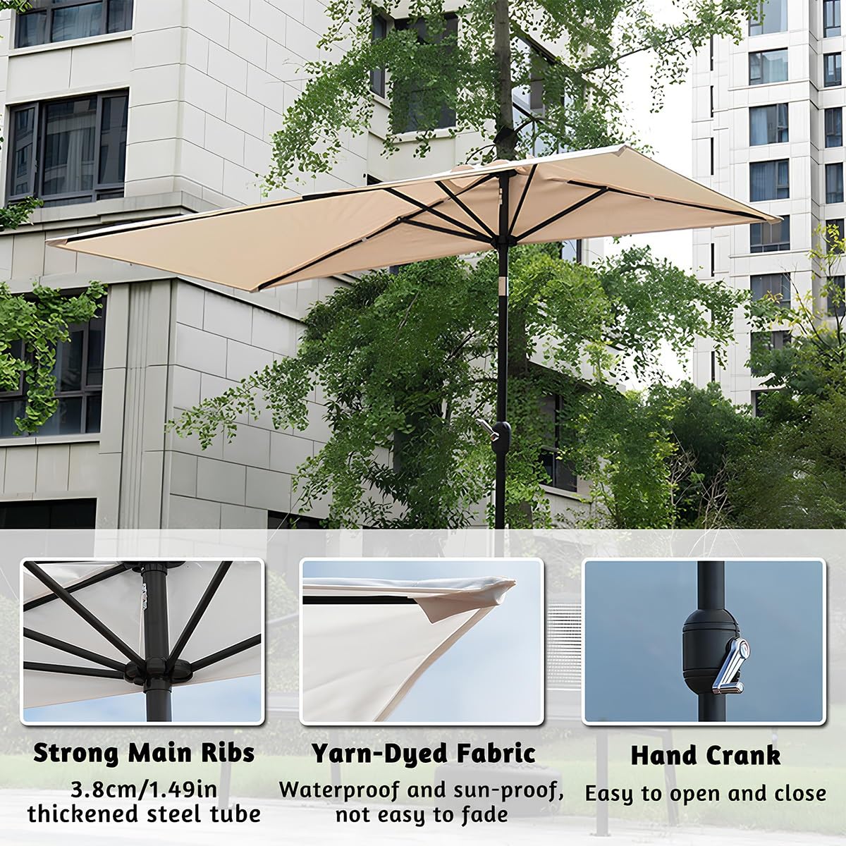 Demi-Parasol De Jardin 2,0m X 1, Parasol Rectangulaire avec Manivelle, Protection UV50+ Imperméable pour Terrasse Balcon Plage, Structure Acier Anti-Rouille – sans Base(Khaki)