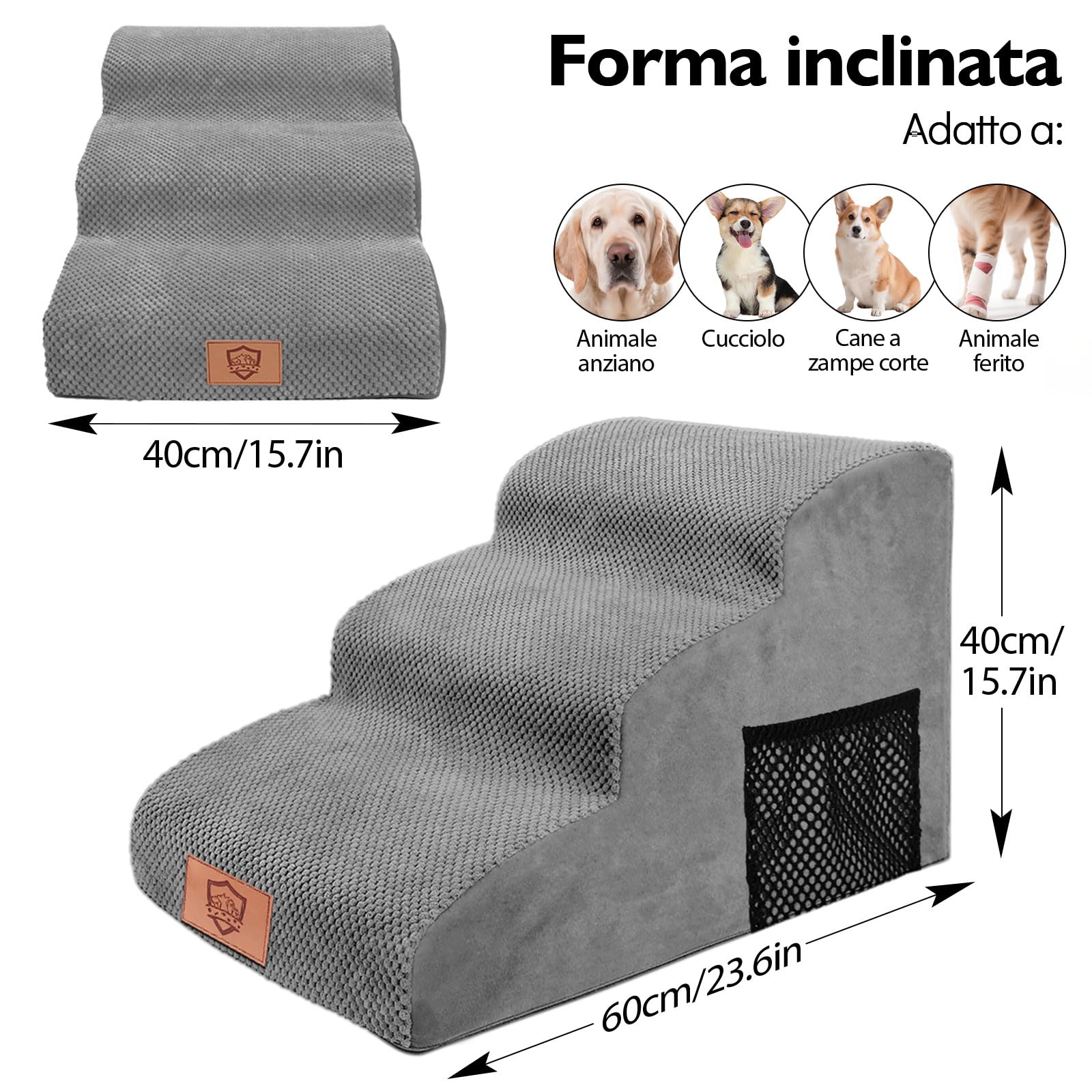 MASTERTOP Scale per Cani 3 Gradini, Scalini Antiscivolo per Gatti e Cani per Divano e Letto, Scaletta Schiuma Alta Densità, Copertura Impermeabile Lavabile (Grigio)