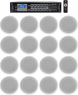 Rockville RCS350-6 Bundle: 350-Watt 6-Zone 70V Commercial Bluetooth Amplifier, (16) CC80T 8-in White 70V 2-Way Ceiling Speakers for Restaurant, Bar, Office, or Retail Sound Systems, 17-Items