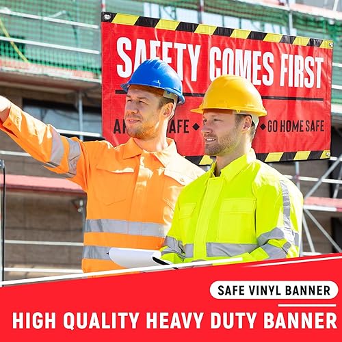 Miniatura 8 de Peryiter 2 carteles de seguridad de 4 x 2 pies para sitios de construcción, vinilo de negocios con ojales para el lugar de trabajo, comercial,