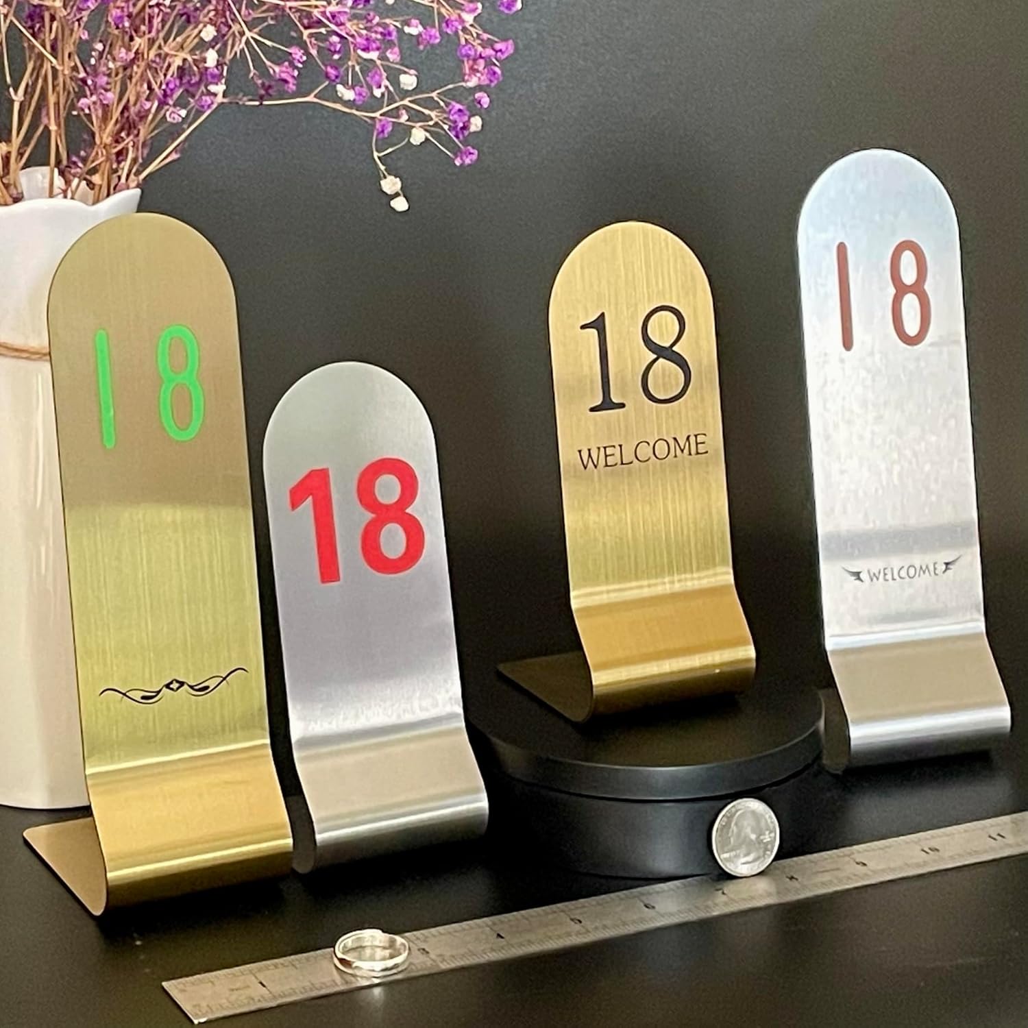 SIWOT 6/8 Inches Height Stainless Steel Place Cards 10pcs/Set Double Sided Stackable Seat Card Vertical Table Numbers Metal Place Card Holders (8in Golden Green & Black, 1-10)