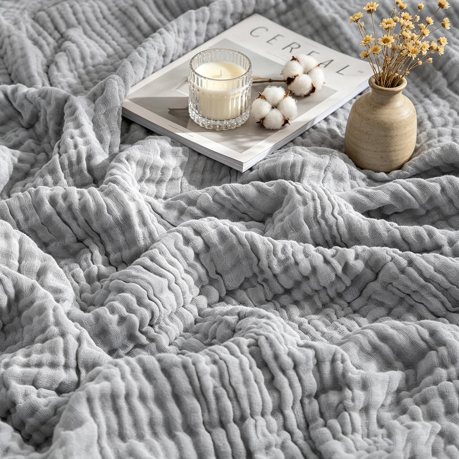 Musselin Decke – 100% Baumwolle, 6-Lagige Weiche Sommerdecke, Atmungsaktive Dünne Kuscheldecke für Bett & Sofa, Tagesdecke Couch Überwurf (Hellgrau, 230x230cm)