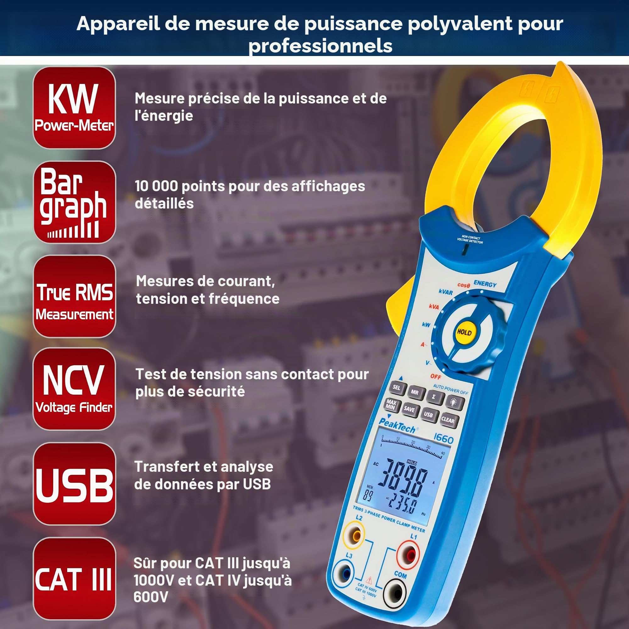 PeakTech 1660 - Pince de Courant Efficace avec USB, 1000A AC, 9999 counts, Multimètre Numérique, pour kW, kWh, kVA, TÜV/GS, Pince de Courant, Voltmètre sans Contact, Testeur de Continuité