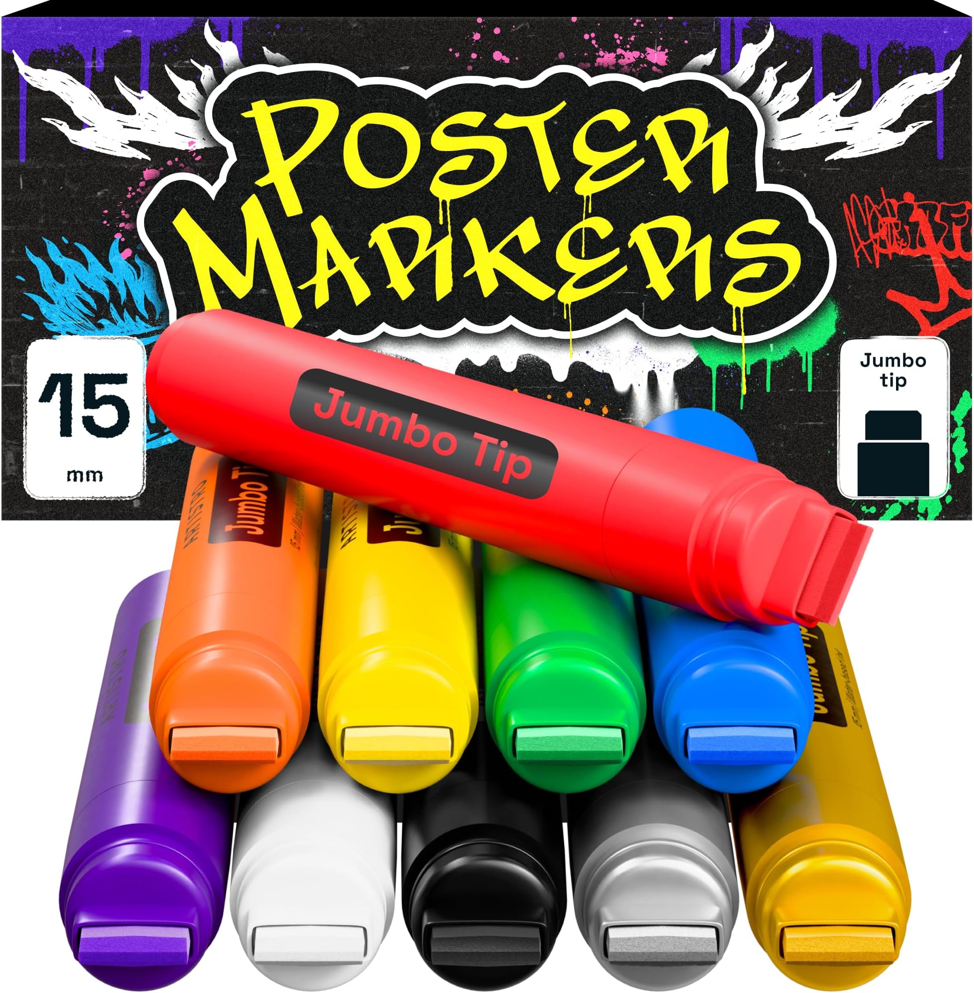 10 Jumbo Markers Acrylic Markers with 15mm Jumbo Tip for Murals Tagging Posters Art Journals & Calligraphy - Large Markers for Rock Wood Plastic Leather Metal & More