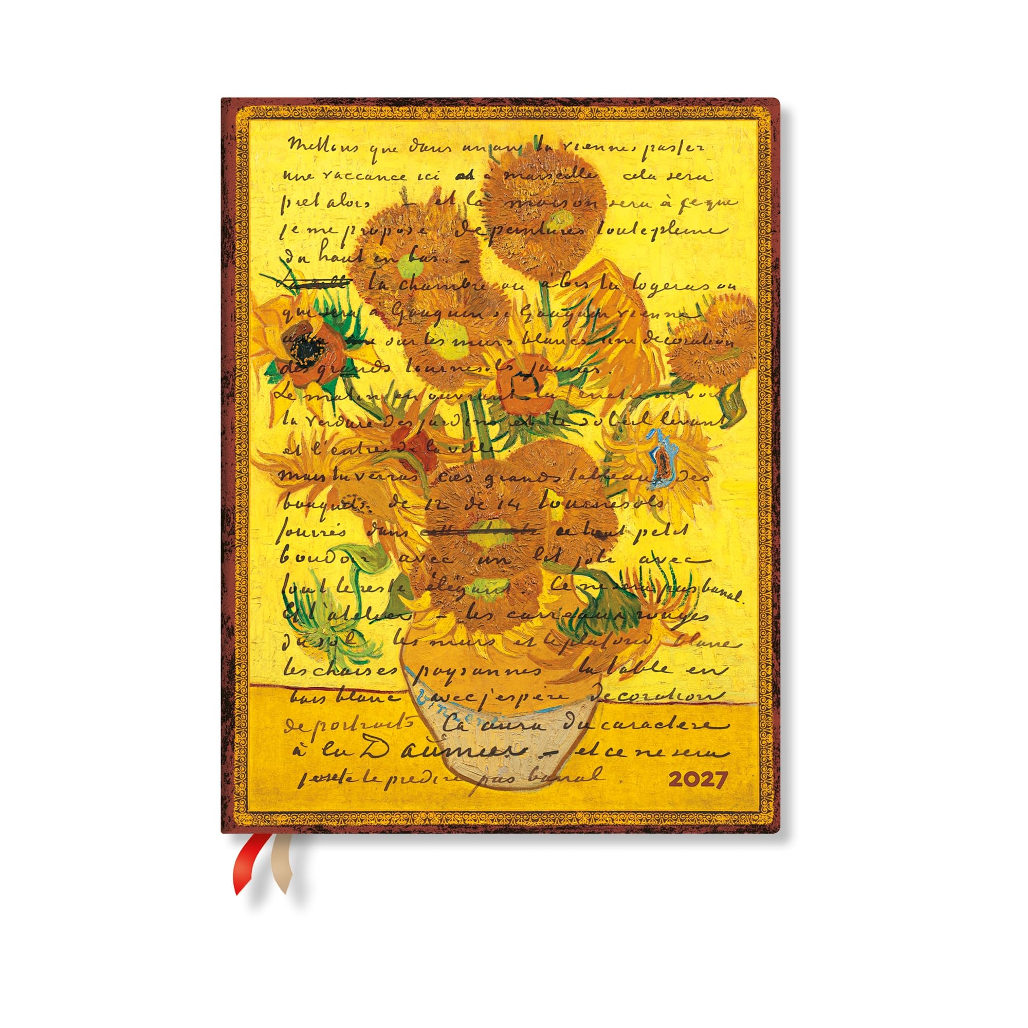 2027 Van Gogh, Sunflowers (Embellished Manuscripts Collection) Ultra 12-Month Hardcover Dayplanner (Elastic Band Closure) Verso
