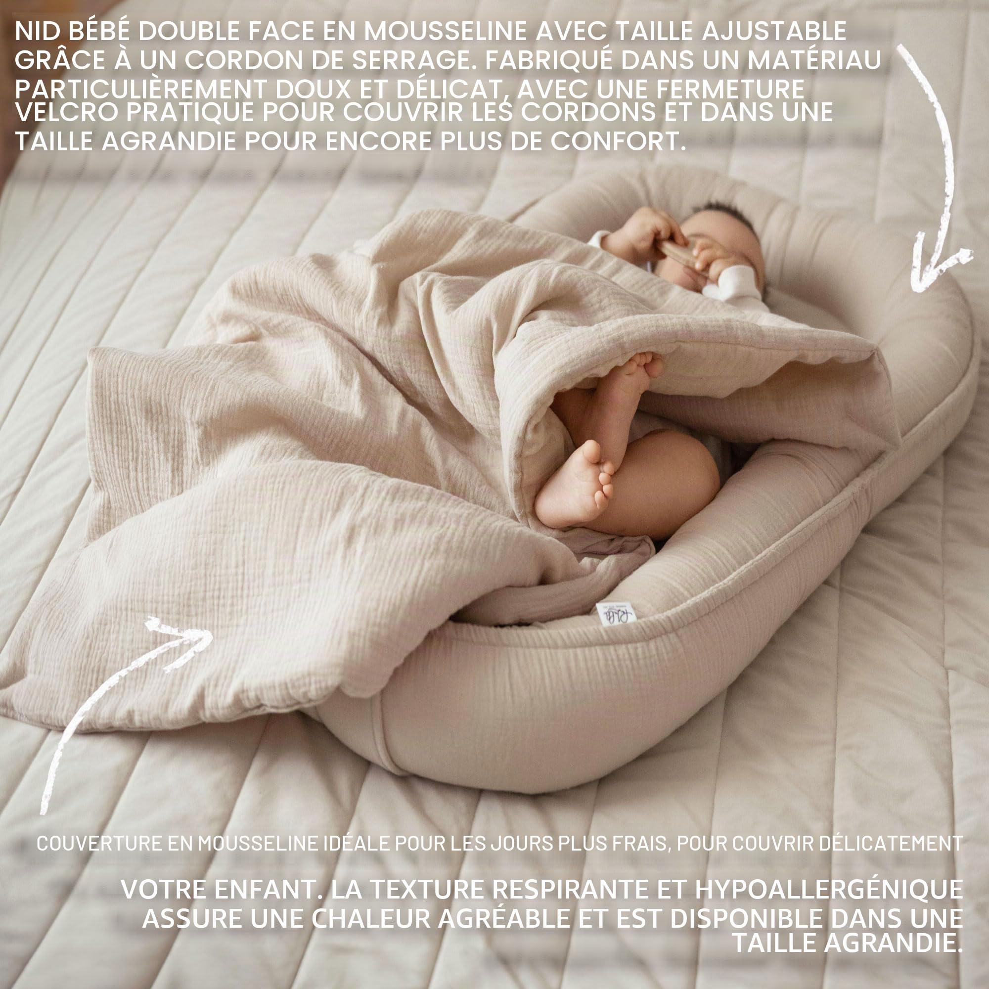 PaLulli® Nid bébé 2 en 1 en Mousseline de Coton – avec Couverture et Matelas Lavable | Cocon Douillet 100x60 cm | Fabriqué en Europe | Réglable et Respirant (Beige)