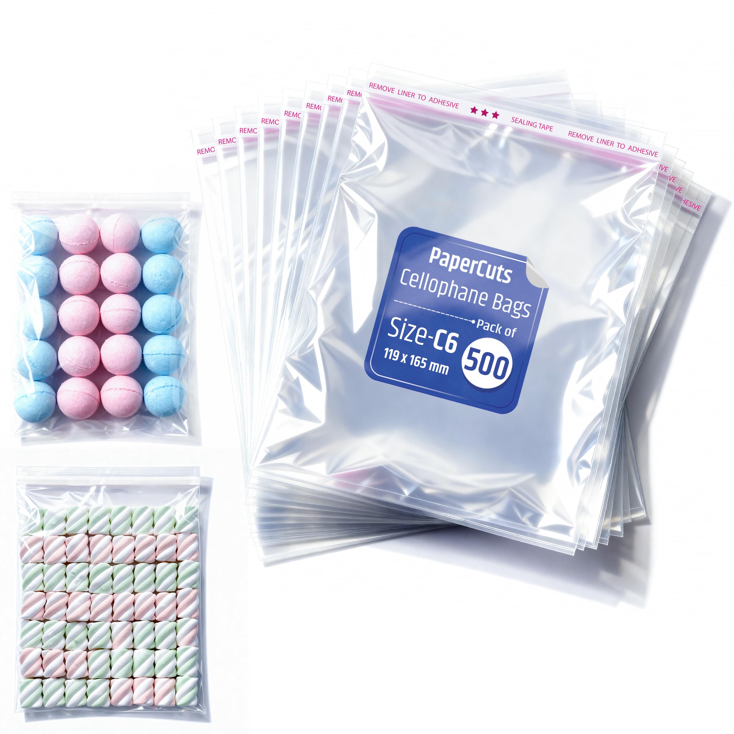 PaperCutz Clear Cellophane Bags, C6 (119 x 165mm) (500 Bags) Self-Adhesive, Sealed Bag for Envelopes, Cards, Sweets, Clothes, Sealable Plastic Bag for Packaging
