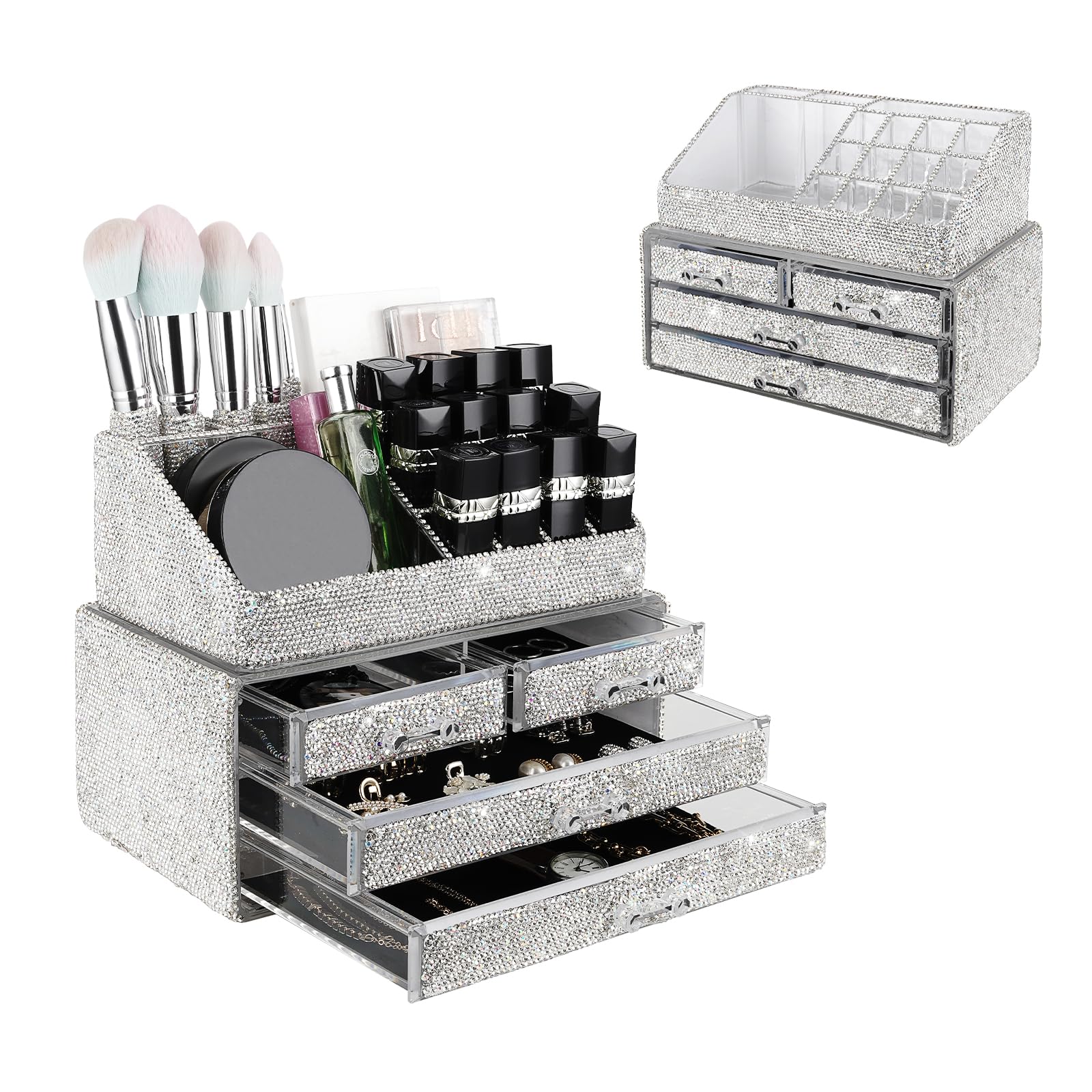 KEYPOWER Handmade Bling Makeup and Jewelry Organizer, 2-Piece White Set