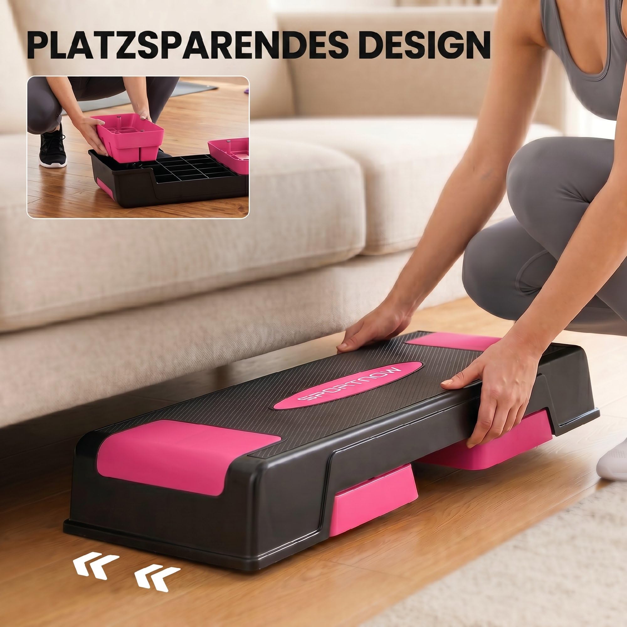 SPORTNOW Steppbrett höhenverstellbar Fitness Aerobic Stepper mit 3 Stufen (12/17,5/22,5 cm), Anti-Rutsch-Matte, Rutschfest Step Bench für Zuhause Fitnessstudio Büro Schwarz+Rosa