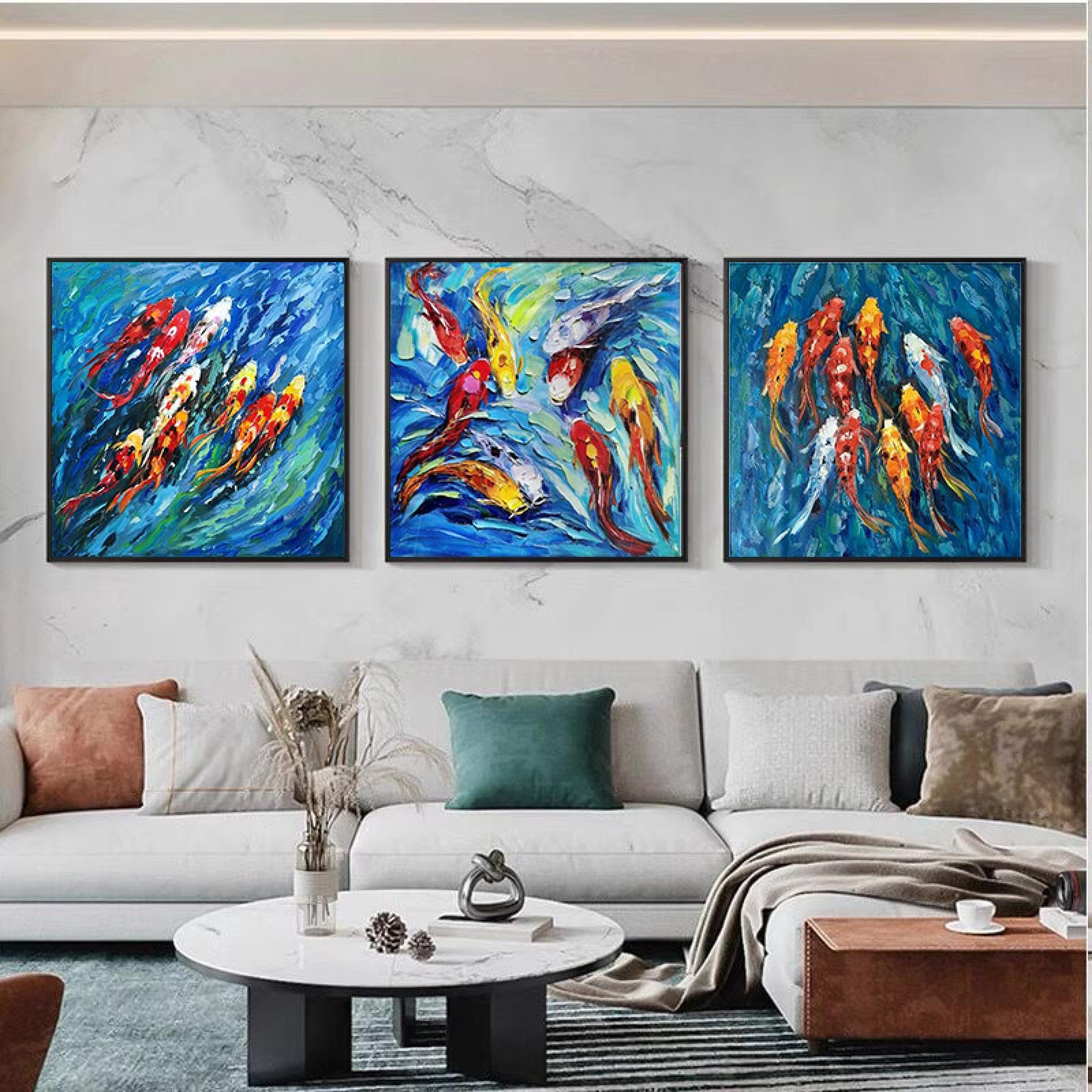 Cuadro de 9 peces koi en lienzo estilo graffiti de 80x80 cm sin marco para decorar salones modernos 8