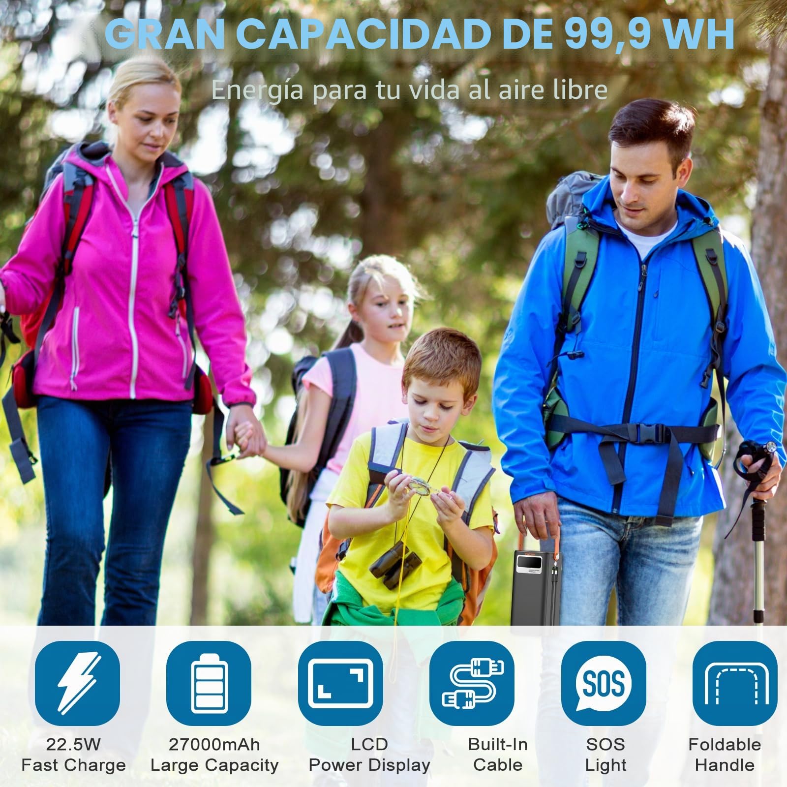 PGYOB Estación de energía portátil, generador de 27,000 mAh para exteriores, cable integrado, batería de respaldo para carga de teléfono, viajes y uso doméstico, camping