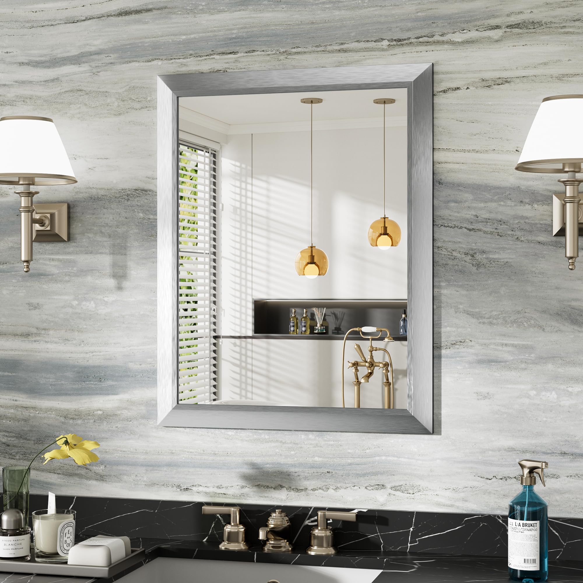 24x30 Inch Brushed Nickel Bathroom Mirror for Wall, Thick Metal Framed Rectangle Mirrors for Over Sink, Bedroom, Living Room, Entryway, Anti-Rust, HD Tempered Glass