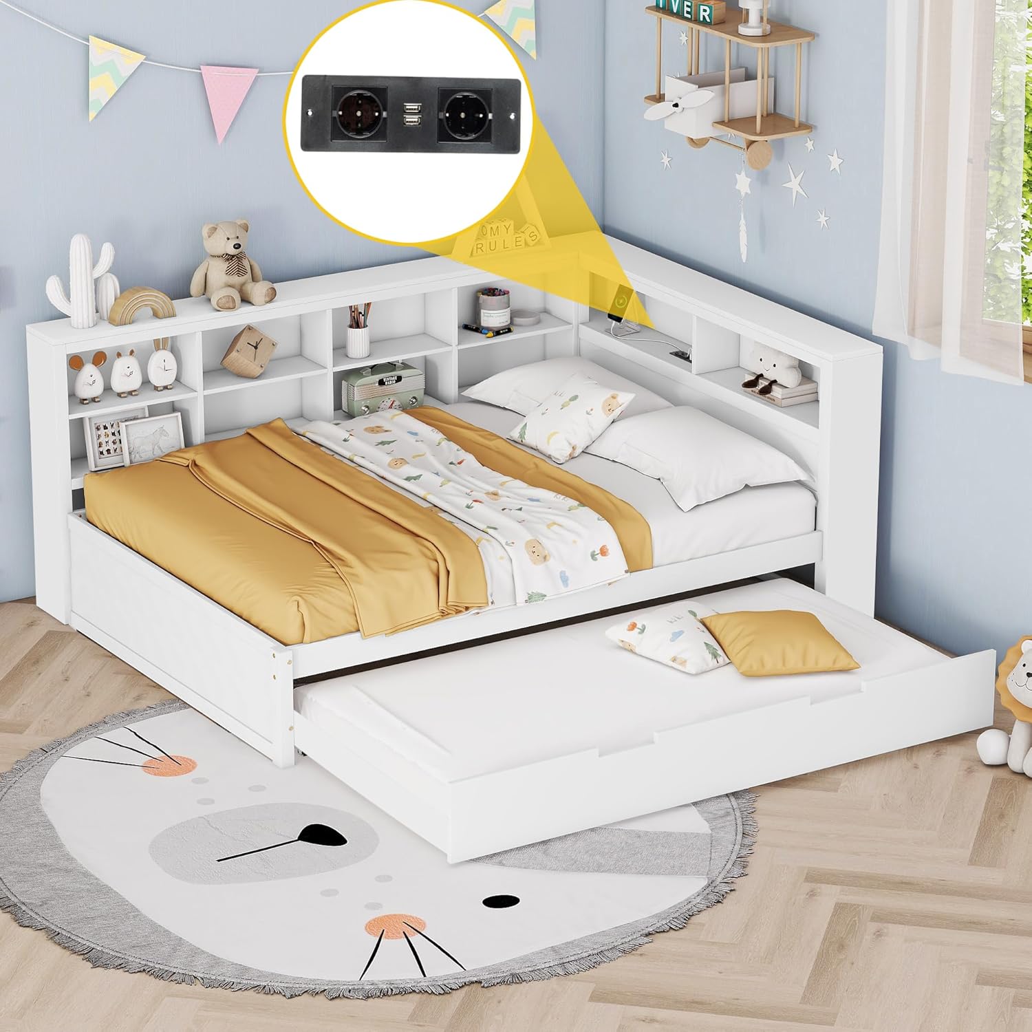 Close-up of the Merax Children's Bed headboard showing the integrated USB charging ports and power outlets.