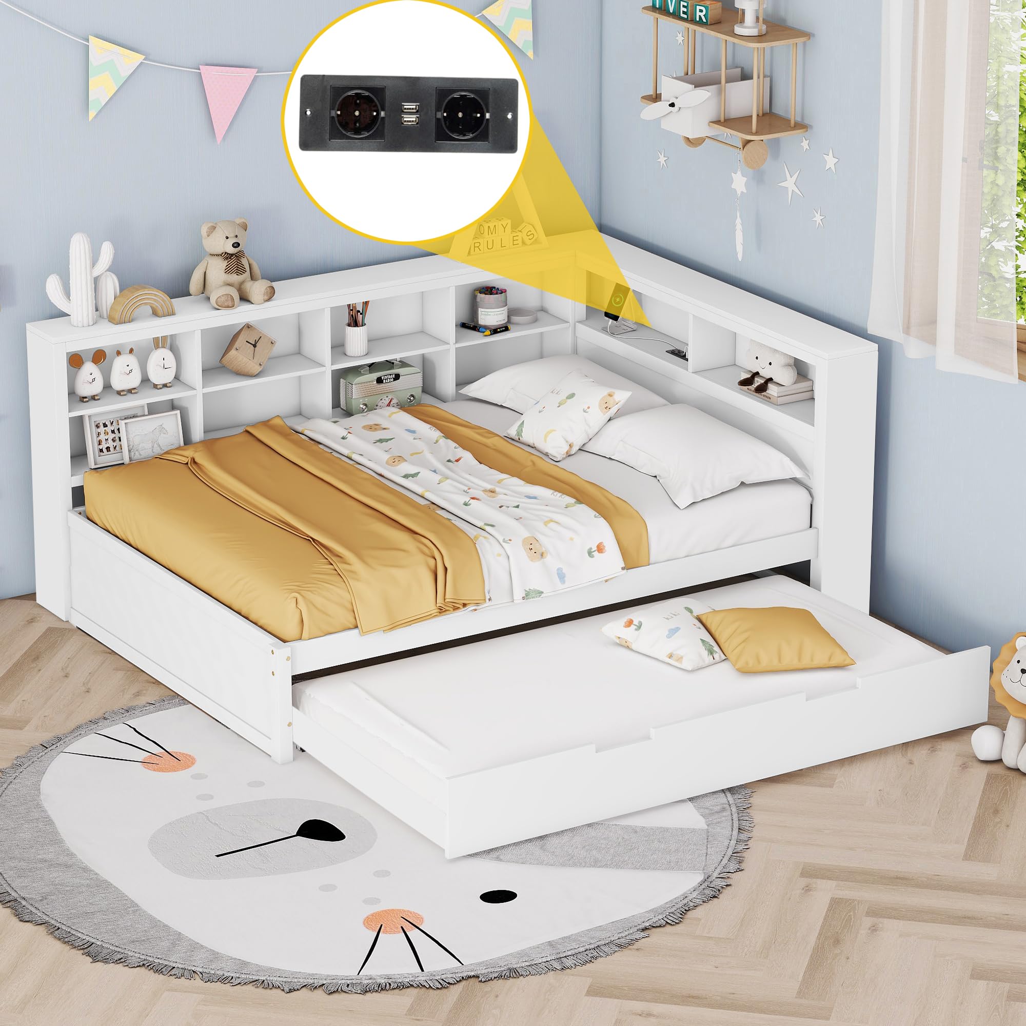 Merax Kinderbett 140 x 200 cm mit USB-Buchse, Jugendbett mit Ausziehbarem Bett 90x190 cm und Stauraum, für Kinder & Jugend, Massivholz, Weiß (Ohne Matratze)