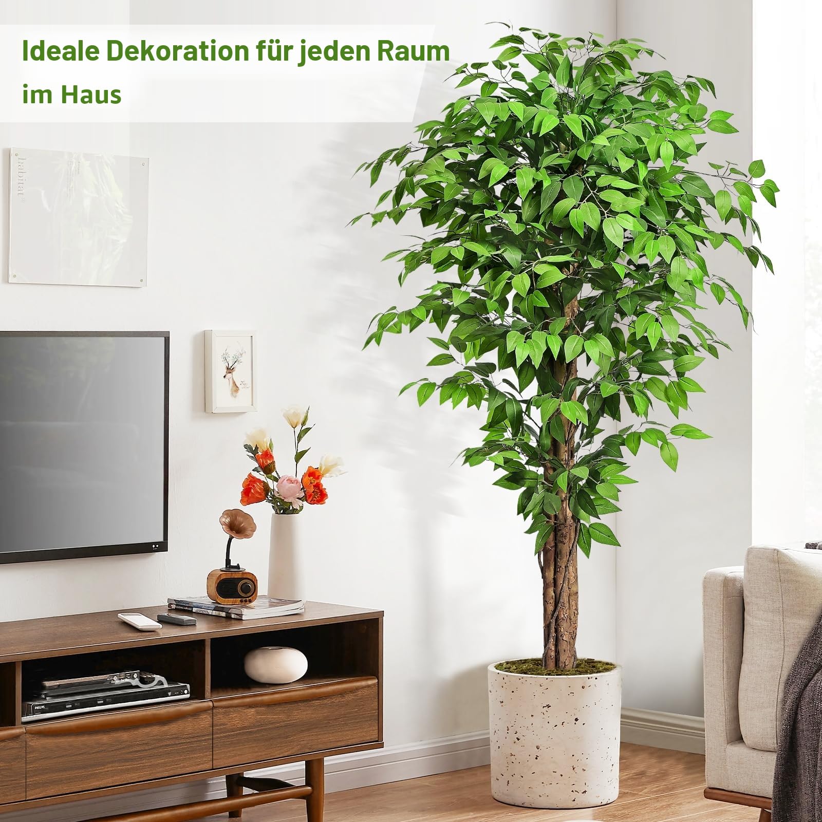 Kunstpflanze Ficusbaum 180cm, Künstliche Pflanzen groß wie echt mit Stamm aus Naturholz, Kunstbaum groß für Wohnzimmer, Schlafzimmer, Büro, Garten