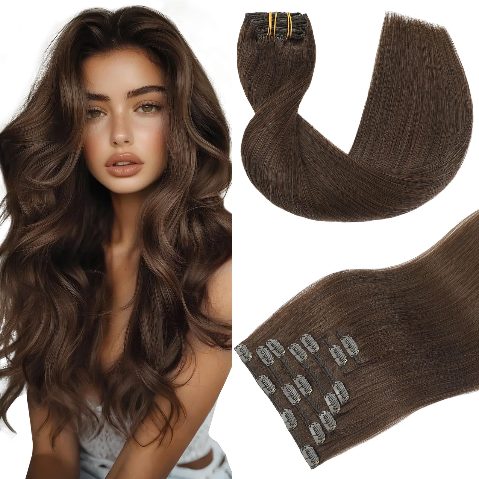 Youngsmile Clip in Hair Extensions 20 Inch 120g 7Pcs #4 Chocolate Brown Invisible Straight Invisible Natural Remy Human Hair Extensions for Women Clip in Add Hair Volume(#4-20inch)