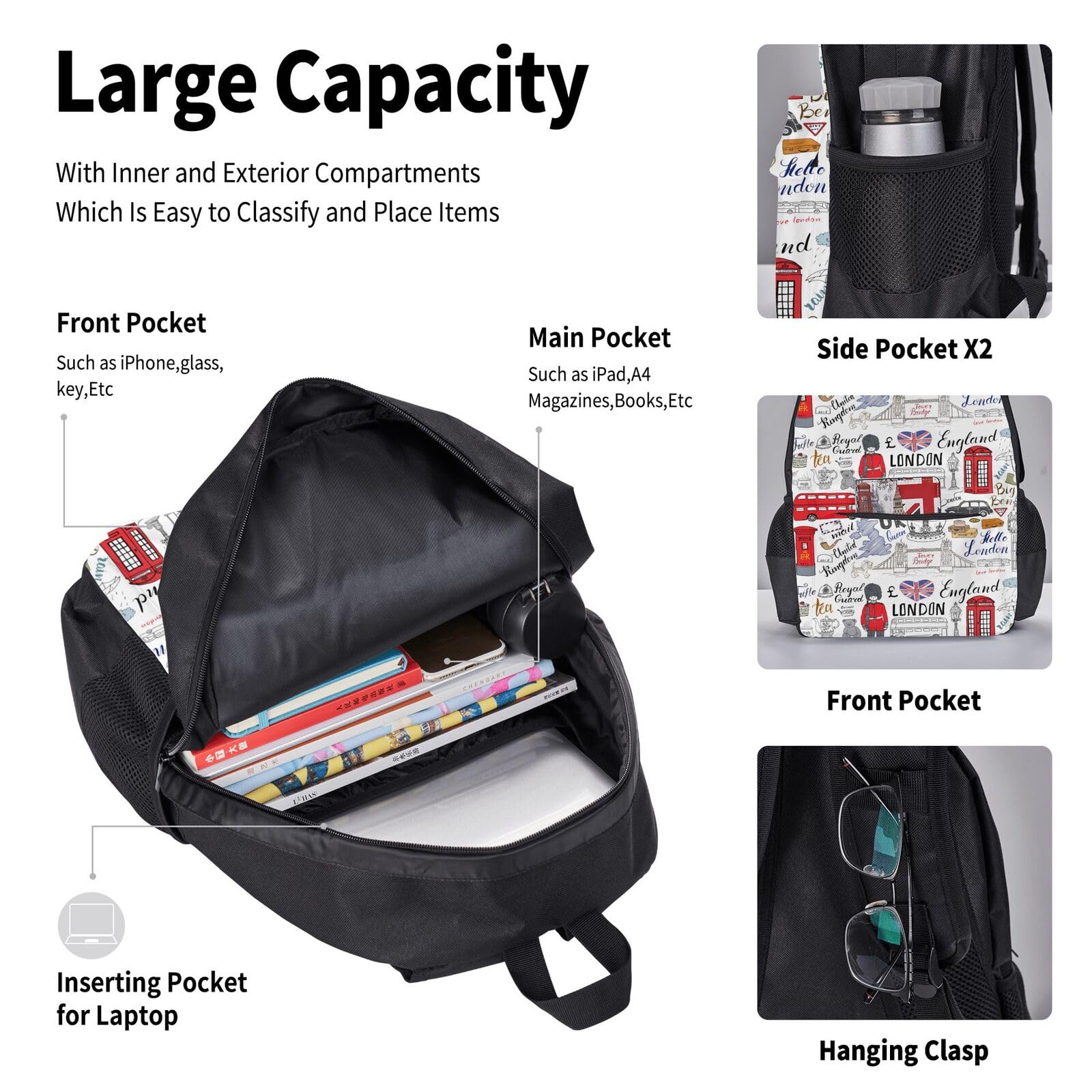 I Love London 3-in-1 Schultaschen-Set aus Segeltuch, Rucksack, Lunchtasche, Federmäppchen, Combo für Männer und Frauen