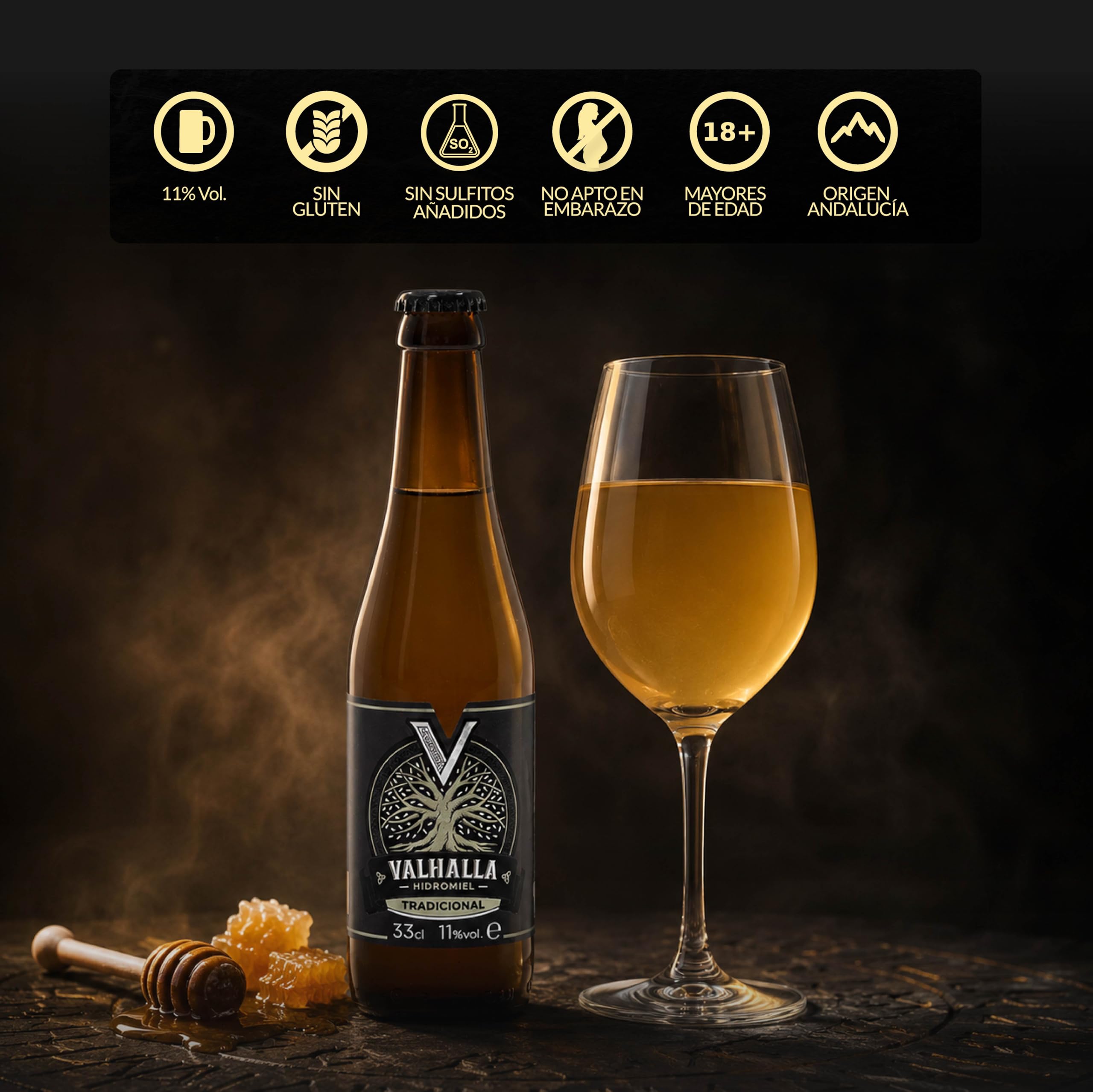 Valhalla Hidromiel Tradicional Cerveza Artesanal | Estilo Show Mead Semi Seco | Bebida Natural con Aroma de Frutas Blancas y Miel | Caja 12 Botellines 33cl | Sin Gluten | 11% Grados Alcohol