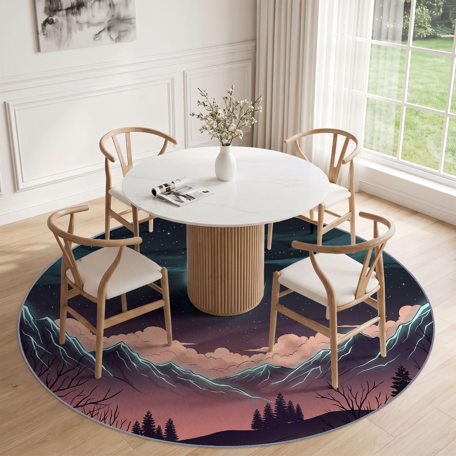 Tapis Rond 100 cm, Lavable en Machine Noir Moquette pour Salon - Moquette Poil Bas antidérapant - Fantaisie Ciel Étoilé Montagnes Lune imprimé Tapis pour Salle à Manger Chambre d’Enfant