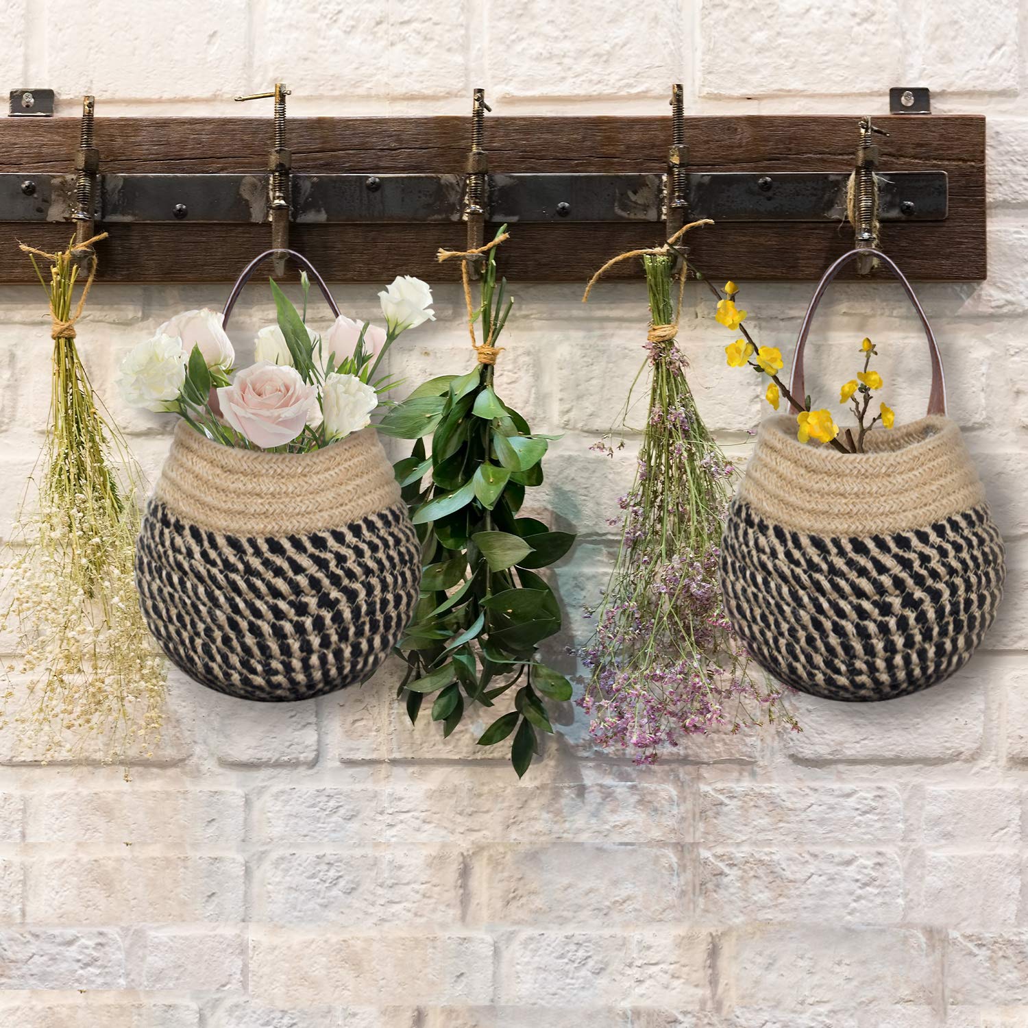 Wall Hanging Organizer Storage Baskets 2pack, Jute Woven Hanging Baskets for Organizing, Small Woven Baskets for Storage, Hanging Basket Flower Plants, Rope Woven Baskets for Baby Nursery Kids Gift