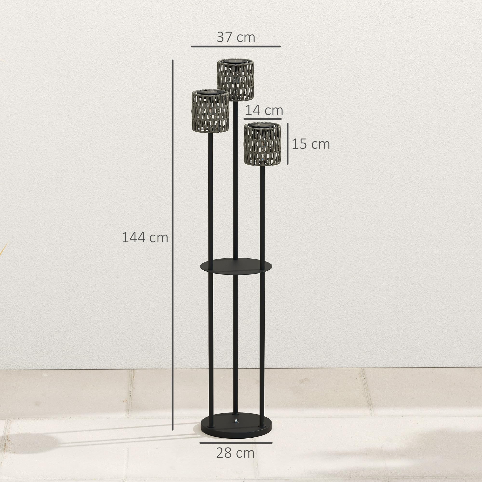 Outsunny Lámpara de pie de ratán bohemia, lámpara de ratán de 3 luces con estante, luz solar de jardín independiente con luces de encendido/apagado automático, IP44 impermeable para porche, camino