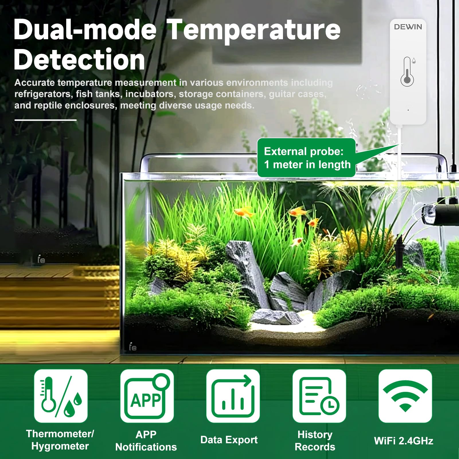 DEWIN WLAN inteligentny termometr i hygrometr, czujnik temperatury i wilgotności T01 z 1m wsparciem sondy inteligentne monitorowanie zdalne APP alarm i rejestrowanie danych