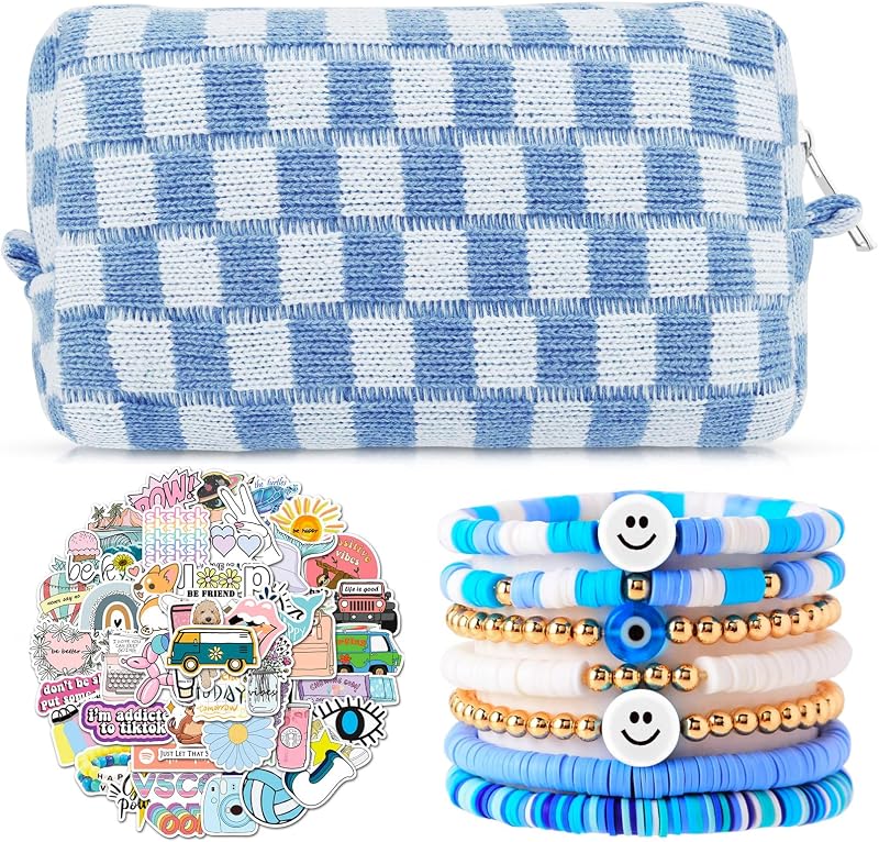 Necessaire xadrez Giesiery azul com 7 pulseiras e 50 adesivos, pacote com 58 unidades