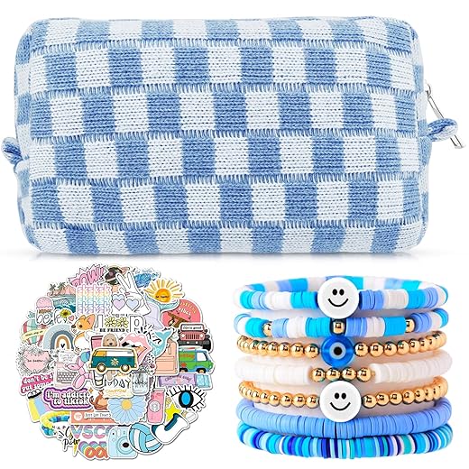 58 Pcs Aesthetic Makeup Bag Set With 7 Pcs Surfer Bracelets and 50 Pcs Cute Stickers for Women - Gift Set in Blue