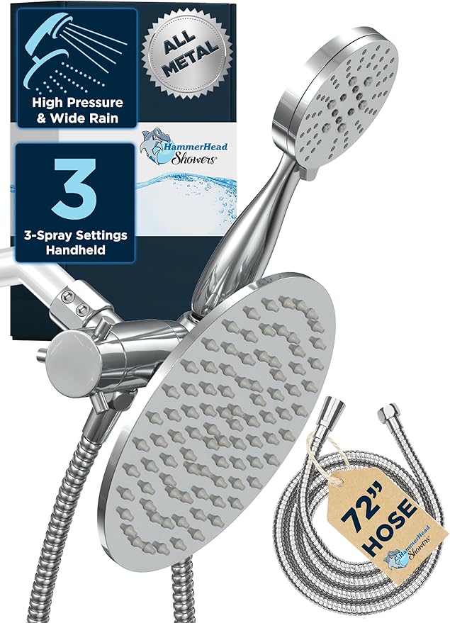 HammerHead Showers® ALL METAL Dual Shower Head Combo CHROME 8 Inch
