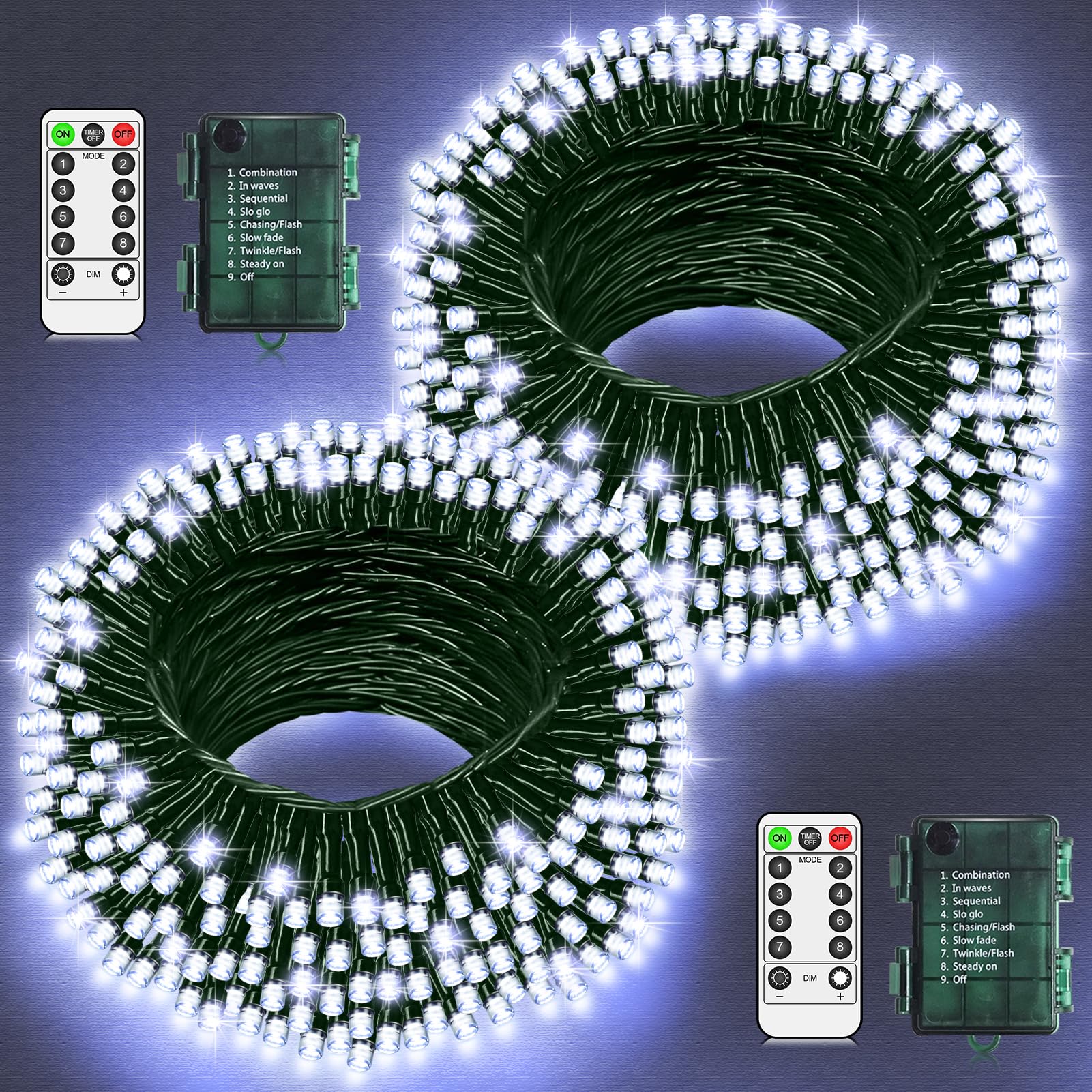 Confezione da 2 luci a batteria, 10 m, 100 LED, impermeabili, per esterni, con filo di rame verde, con telecomando e timer, 8 modalità, per interni, camera da letto, Natale, giardino, decorazioni per