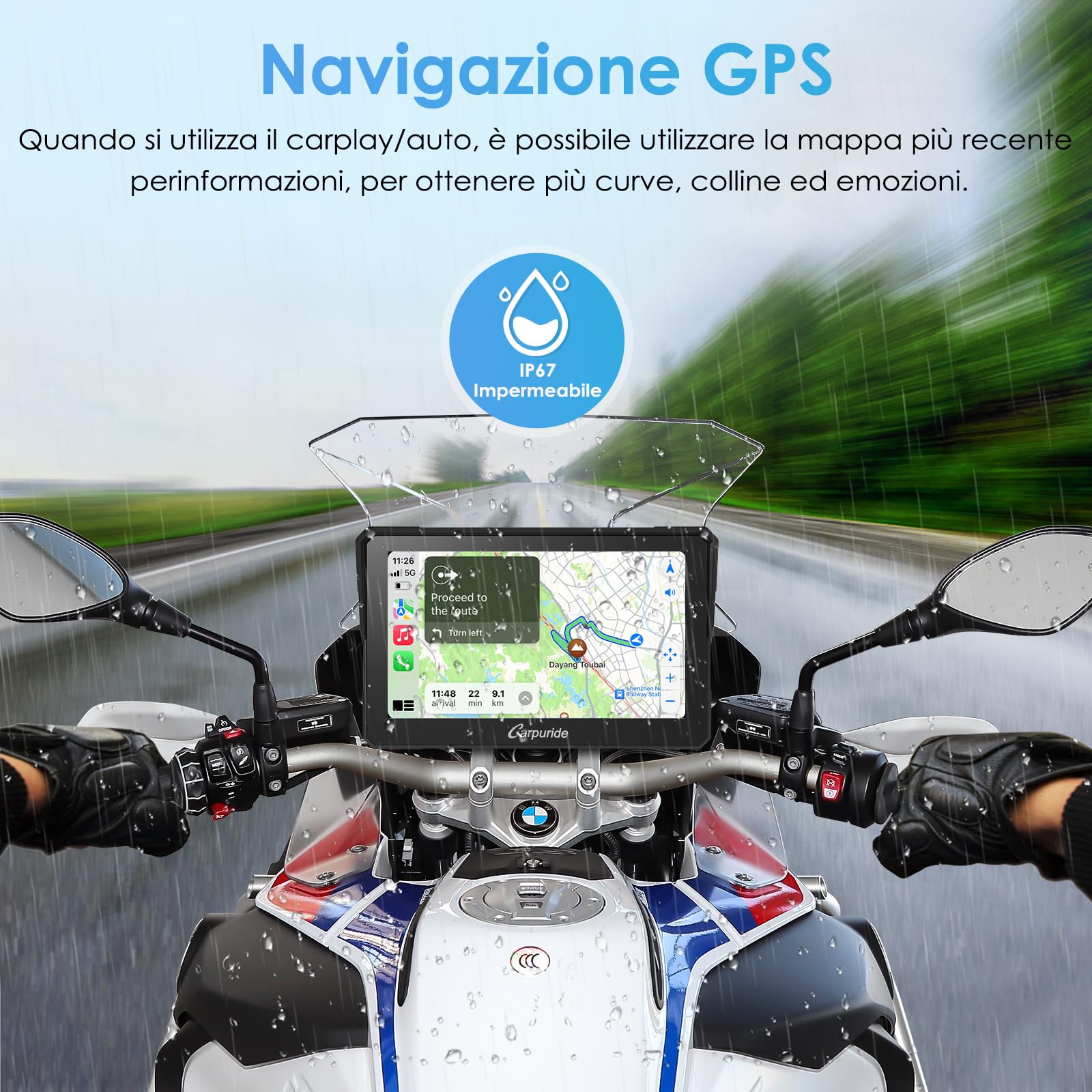 Carpuride W702B Motocyklowy ekran Carplay z niestandardowym mocowaniem do BMW Motorbike, Wireless CarPlay i Android Auto, przenośny 7-calowy wodoodporny ekran dotykowy, podwójny Bluetooth, nawigacja,