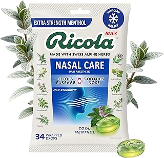 Ricola Max Cool Menthol Nasal Care Large Bag | Cough Suppressant Drops | Dual Action Liquid Center | Soothing Long-Lasting Relief - 34 Count (Pack of 1)