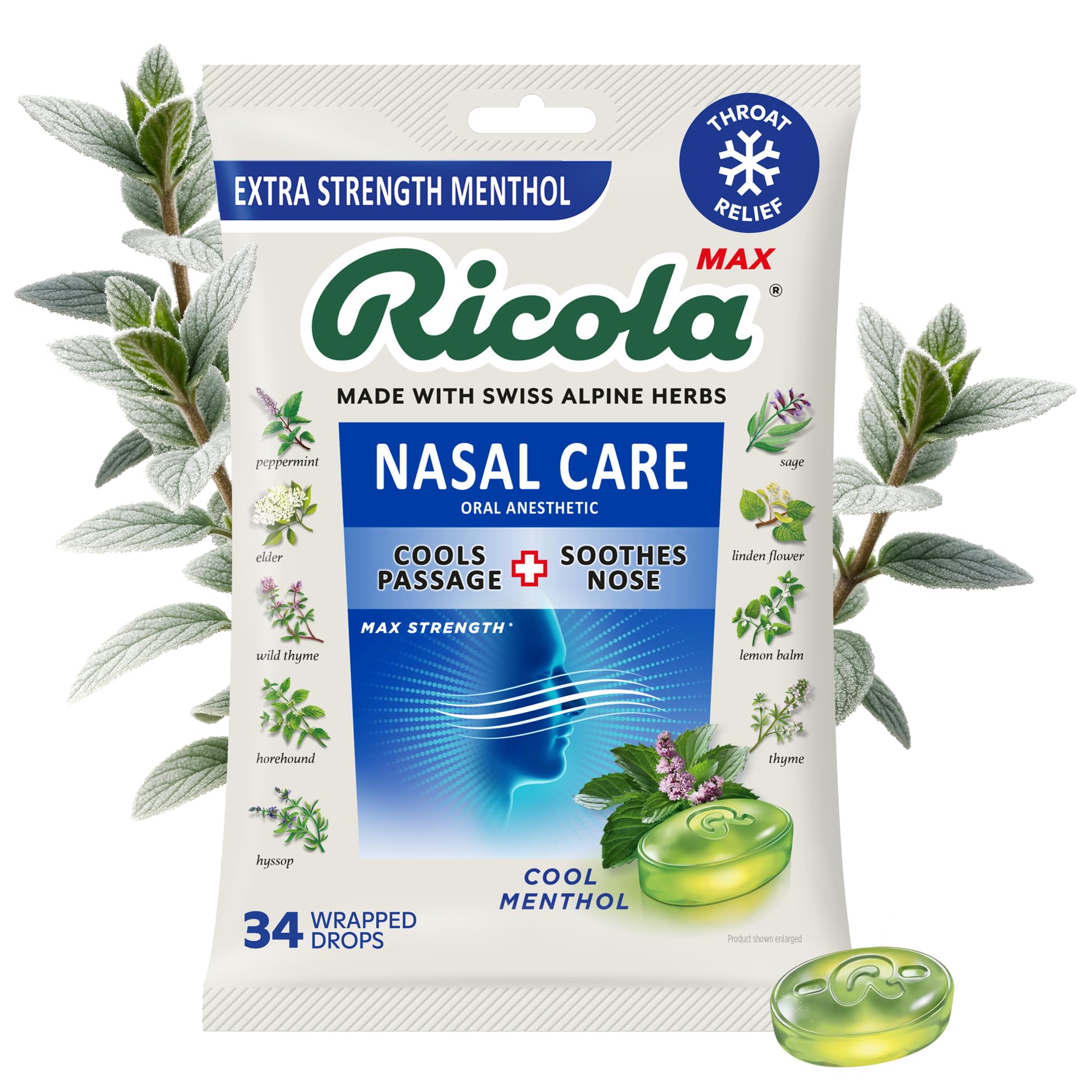 RicolaMax Cool Menthol Nasal Care Large Bag | Cough Suppressant Drops | Dual Action Liquid Center | Soothing Long-Lasting Relief - 34 Count (Pack of 1)