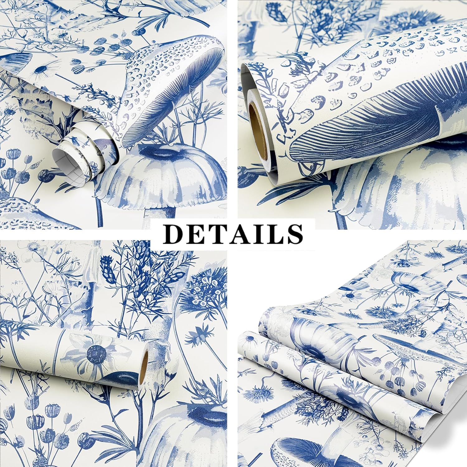 ReWallpaper 17.5in X 23ft Peel and Stick Wallpaper Vintage Mushroom Wallpaper for Kitchen Waterproof Bathroom Wall Paper Floral Contact Paper Blue Mushroom Wall Stickers for Bedroom Living Room Walls