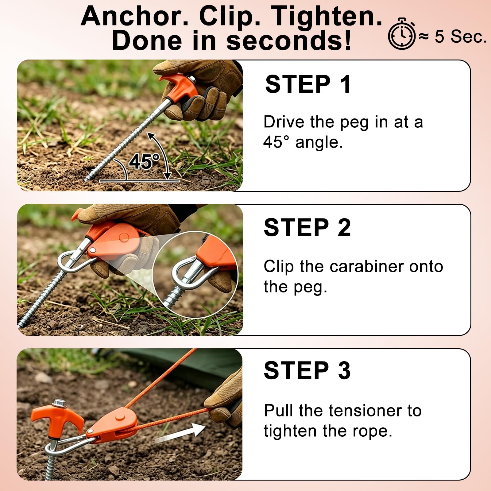 Kit de piquets de tente et haubans robustes – 8 piquets à visser avec 6 cordes réfléchissantes de 2,4 m, adaptateur de perceuse et extracteur de poignée en T – Accessoires de camping antirouille pour