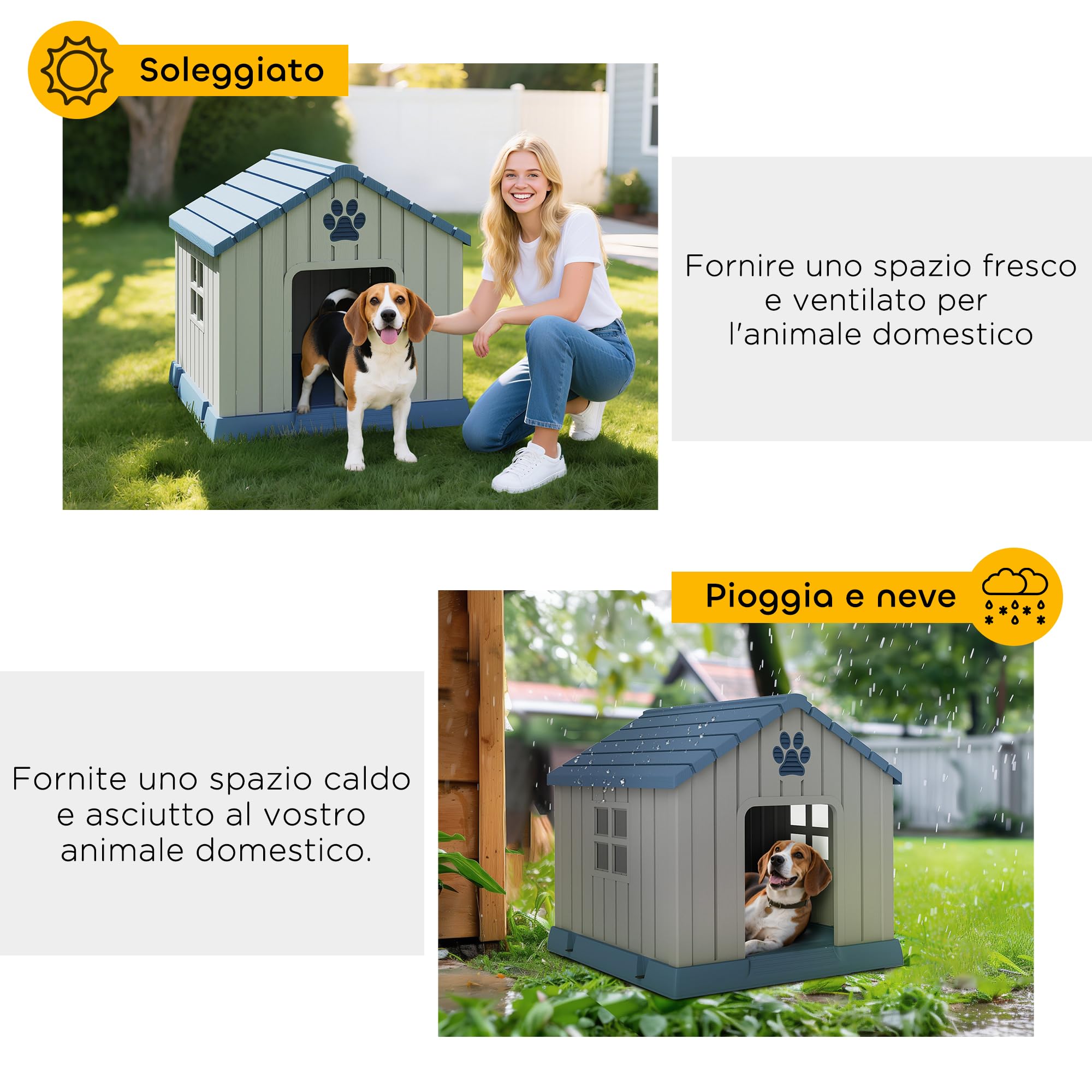 PawHut Cuccia per Cani in Plastica da Esterno Impermeabile Ventilato, Facile Montaggio, Casetta per Cani Taglia Media con Base Rialzato, Finestre e Tetto per Giardino, Patio, Casa, 85x79x82 cm, Grigio