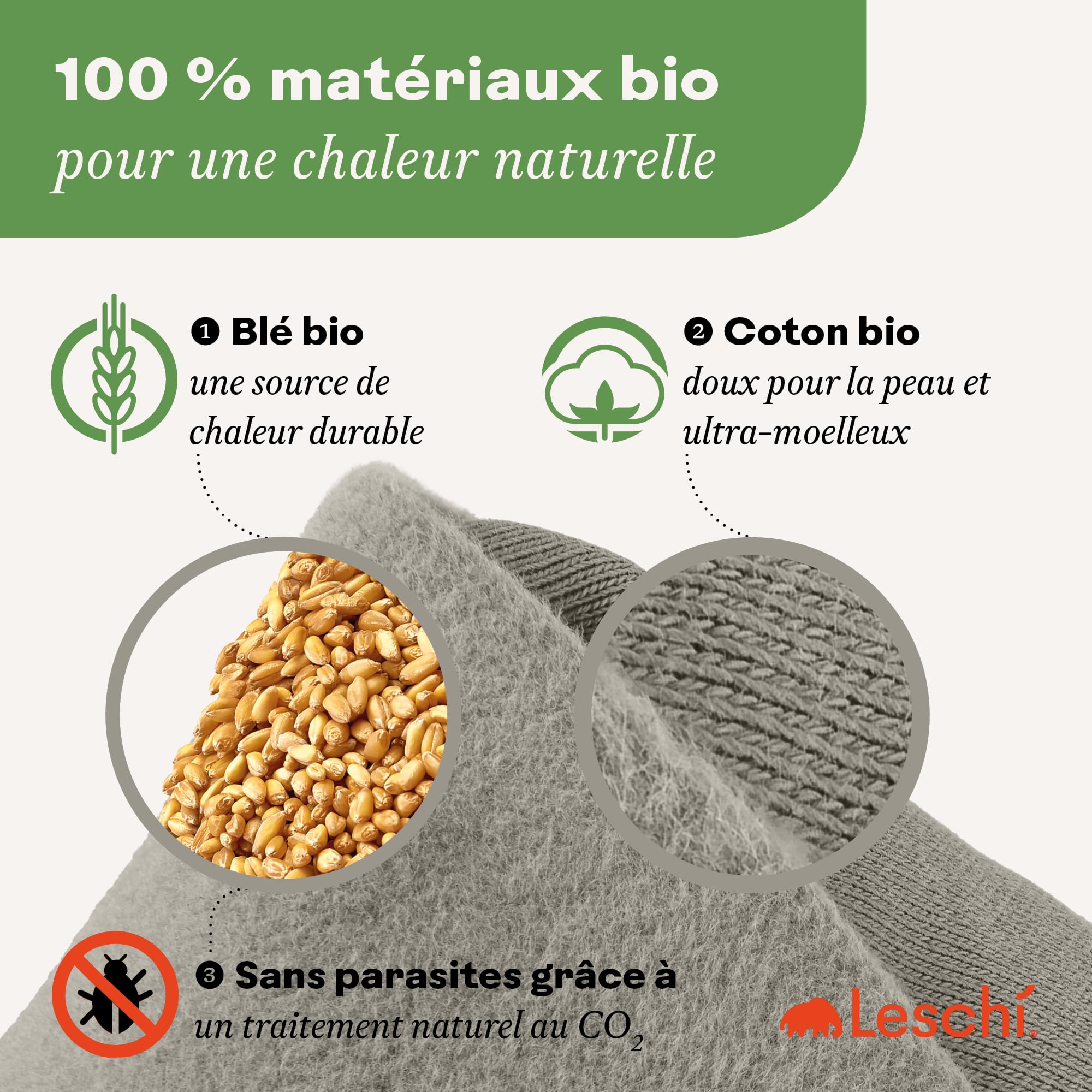 LESCHI Coussin chauffant micro ondes (52x20cm) en coton 100% bio, Chien gris, Bouillotte graines de blé 100% bio, Bouillotte micro-ondes idéale pour réchauffer cervicale, épaules, cou, nuque