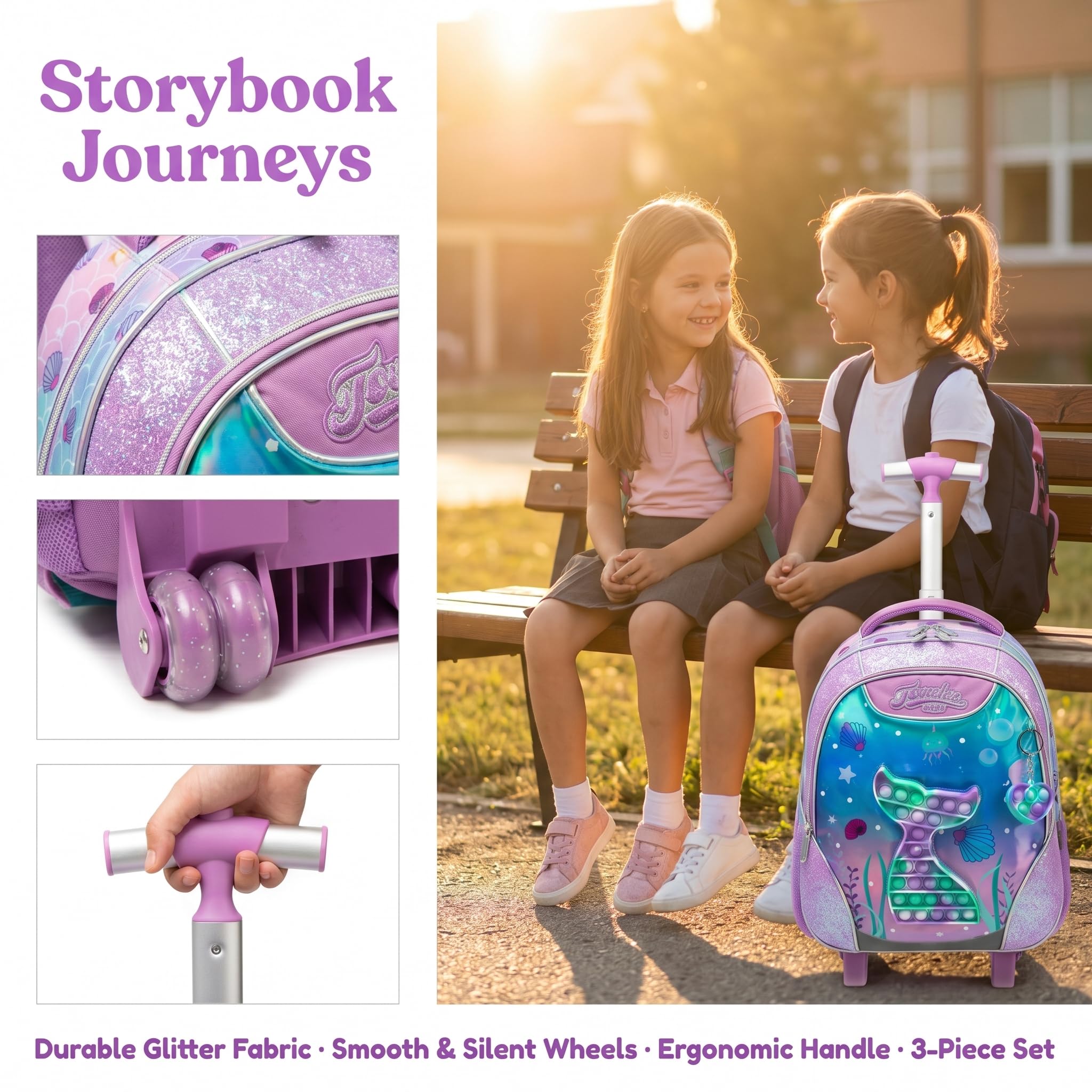 Sac a Dos Roulette Fille Enfant Cartable Cabine Primaire Valise École Maternelle Sacs à D'école pour Voyage de Bagages Ensemble Adolescents Grand Étudian Poches Toy Sirène Rose