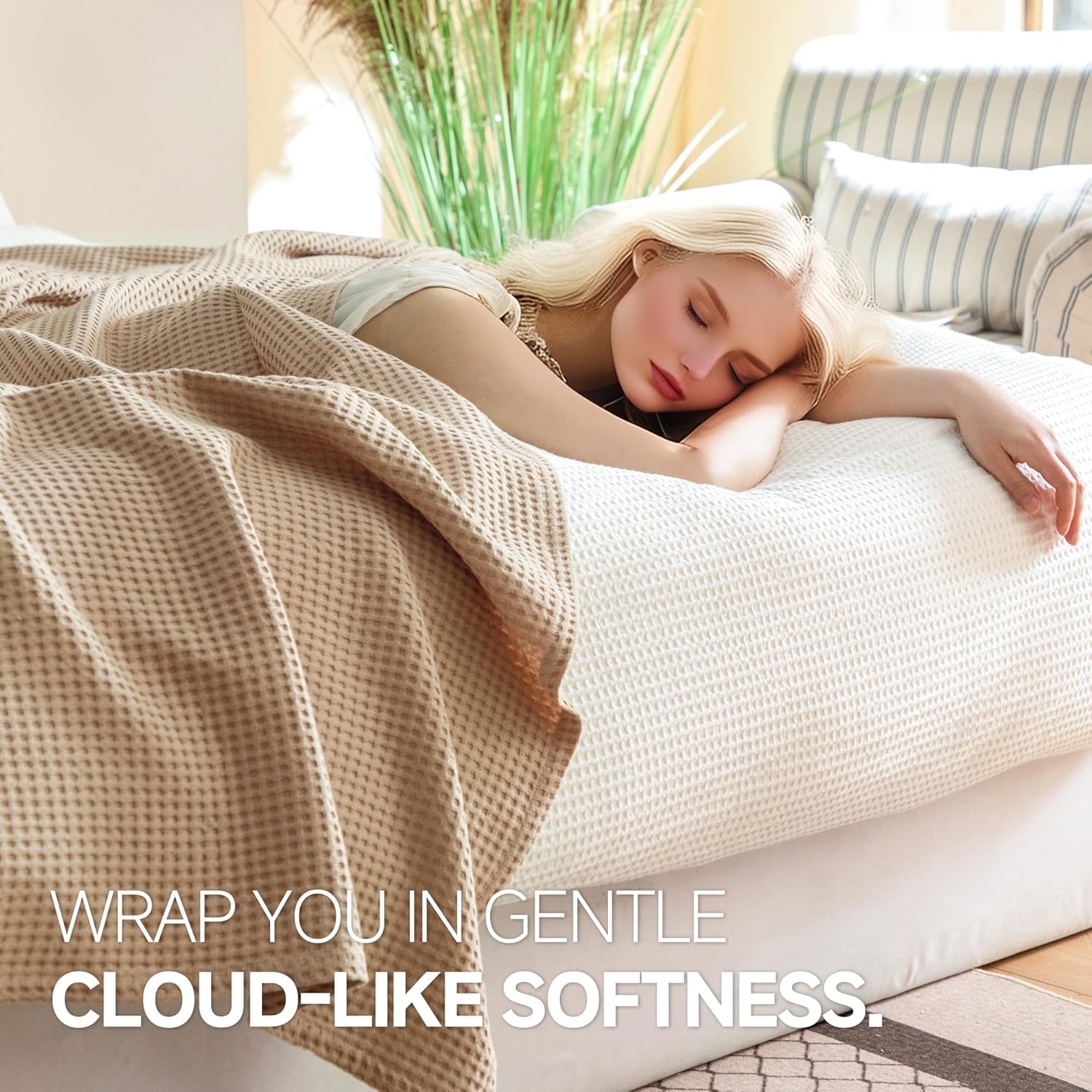 100% Cotton Waffle Weave Blanket for Bed Couch, Soft Lightweight Breathable Cozy Blankets Home Décor for All-Season (Beige, 40"x50") - Image 2