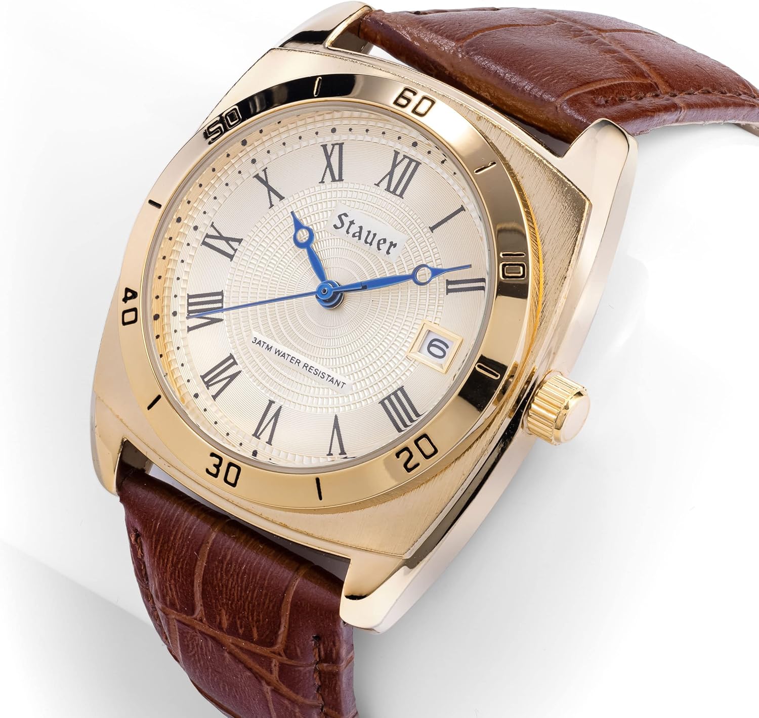 Stauer Timemaster Piezo Watch for Men – 36mm Gold-Finished Alloy Watch Case with Genuine Brown Leather Band and Cotswold Crystal - Image 2