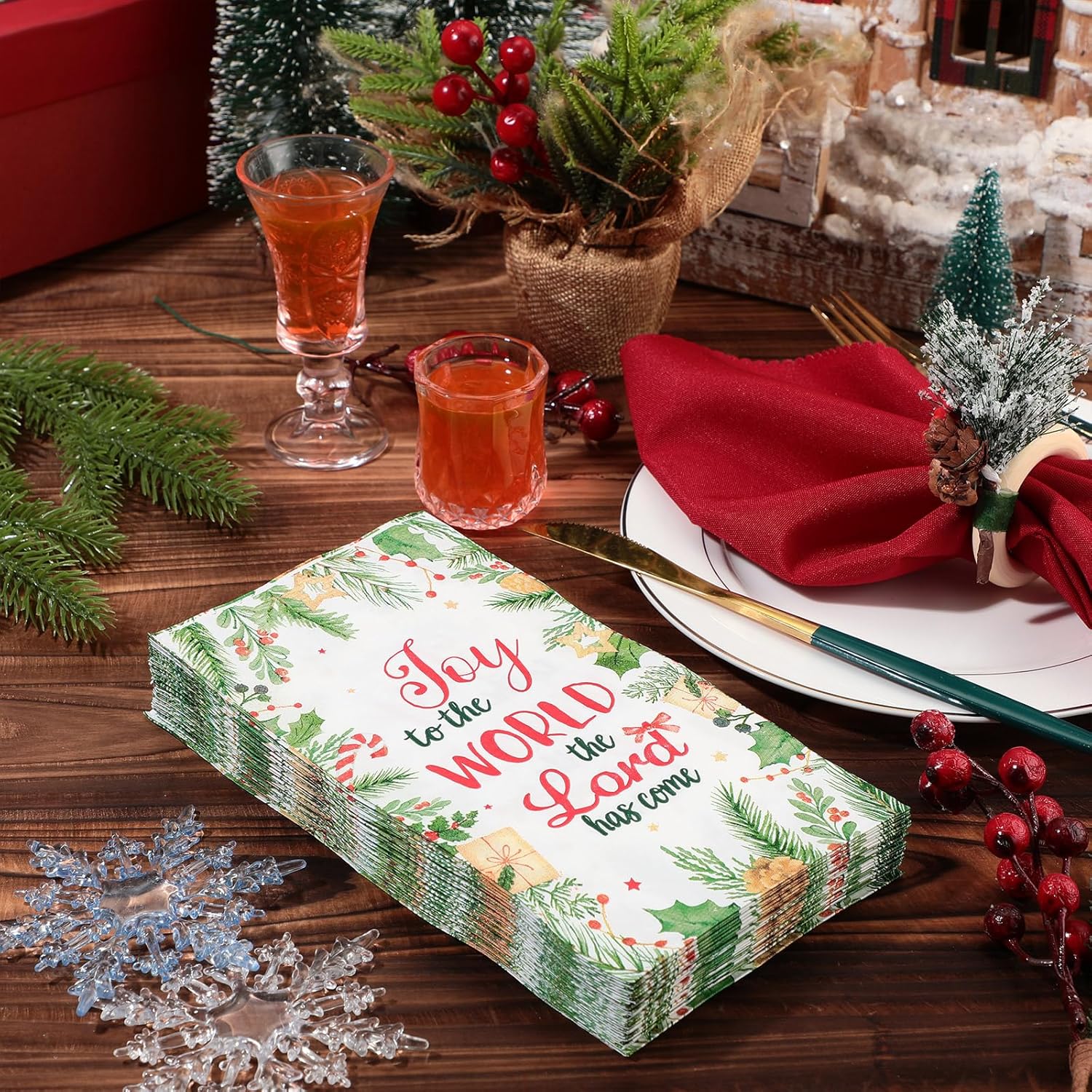 Geyoga 200 Pcs Christmas Guest Napkins Joy to The World Napkin Christmas Paper Hand Towel Bathroom Disposable Towels for Guests Xmas Home Dinner Holiday Party Supplies(Cute Style, 4.3 x 7.9 Inch)