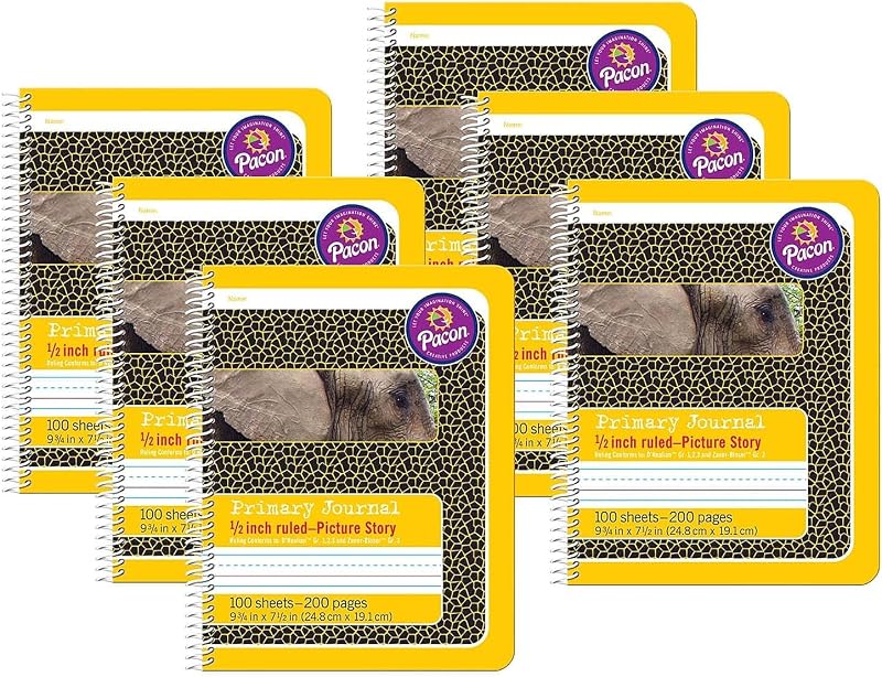 Pacon PAC2430-6 Primary Composition Book, Spiral Bound, 1/2-Inch x 1/4-Inch x 1/4-Inch Picture Story Ruled, 100 Sheets, Pack of 6