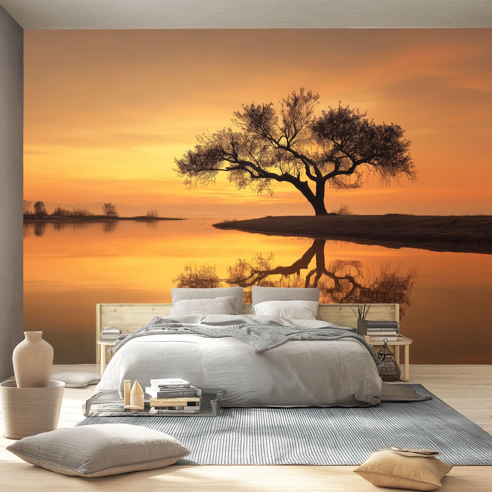 Fototapeta natura tapeta ścienna plakat pomarańczowy drzewa jezioro zdjęcie do sypialni salonu TV ściana 300 x 210 cm