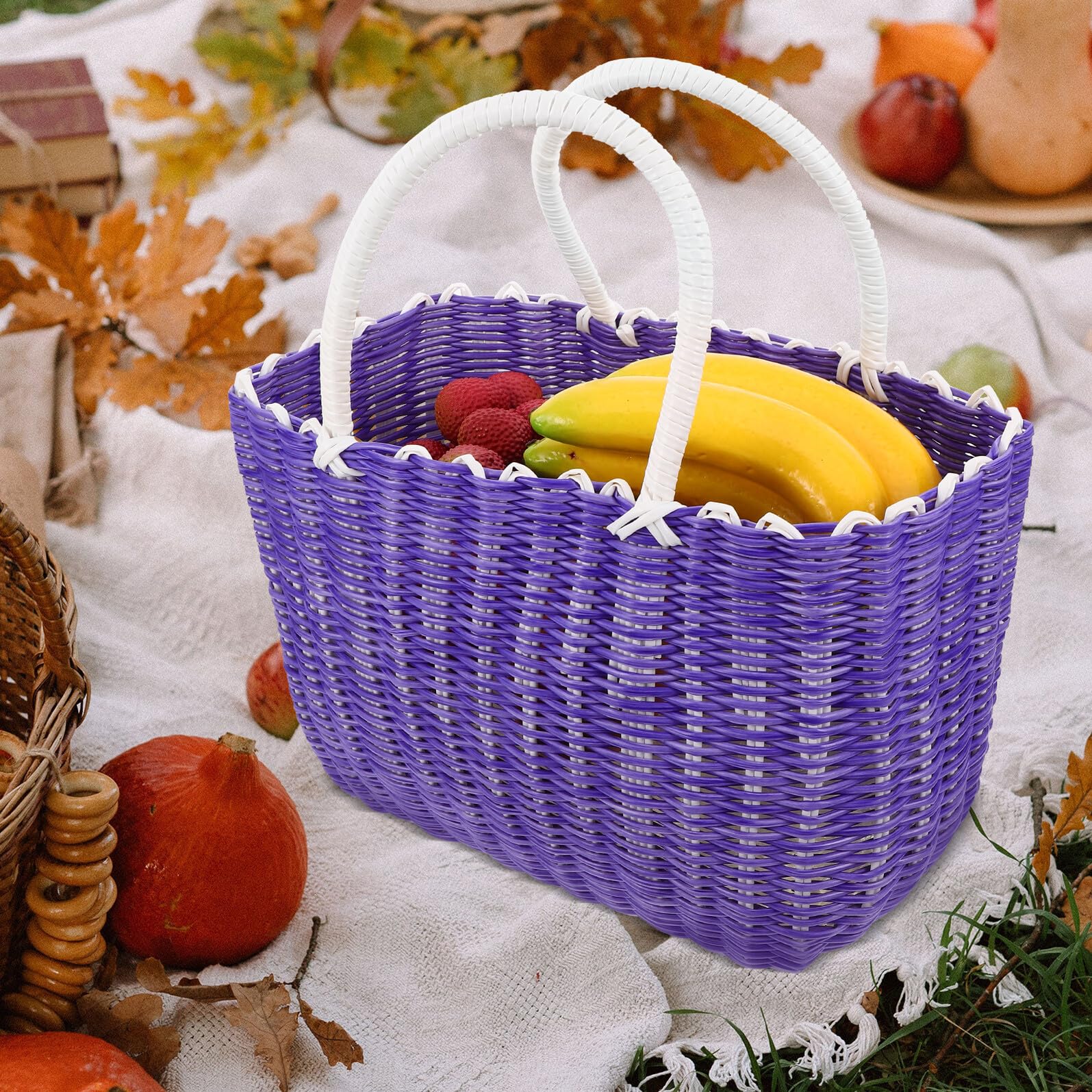 BESPORTBLE Cesta de Plástico Trenzado Grande con Asa Cesta de Almacenamiento Multifuncional para Compra y Verduras Color Morado para Cocina y Hogar