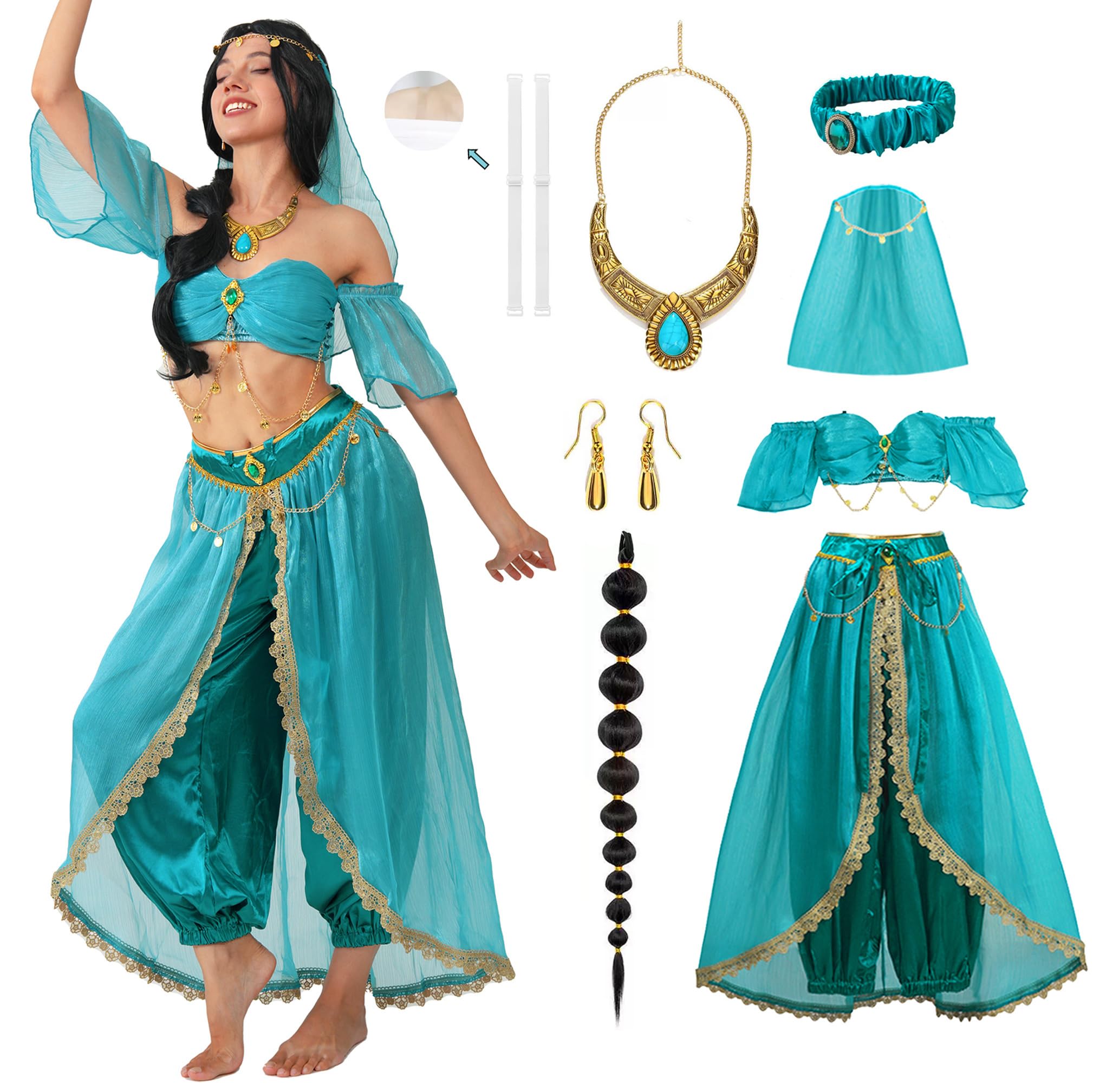 Mecamelon Women Arabian Princess Fairy Costume Set Adult Halloween Dress with Accessories (Large, Blue)